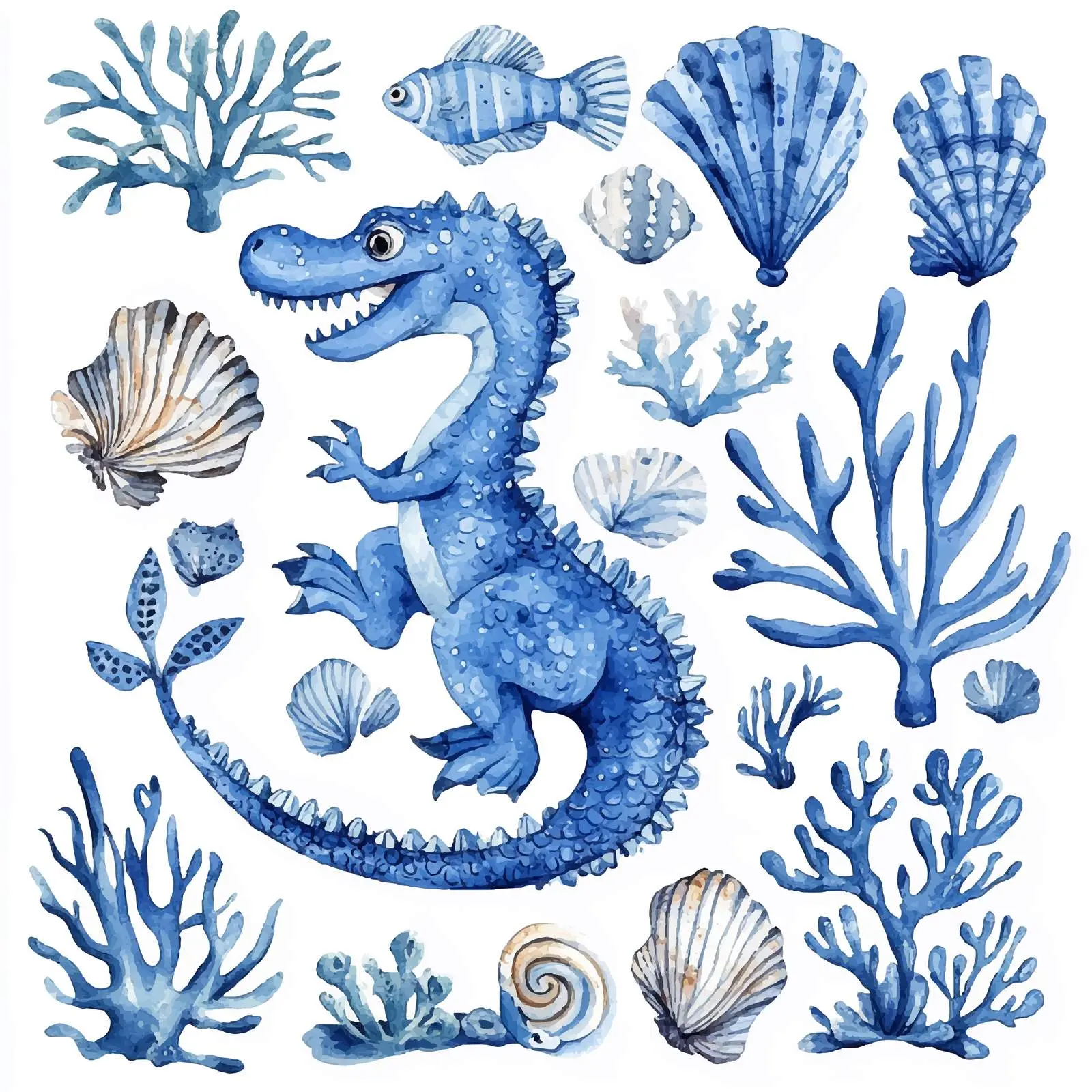 Blue Dinosaur with Corals and Fish Watercolor – free childrens art image from Dotvec