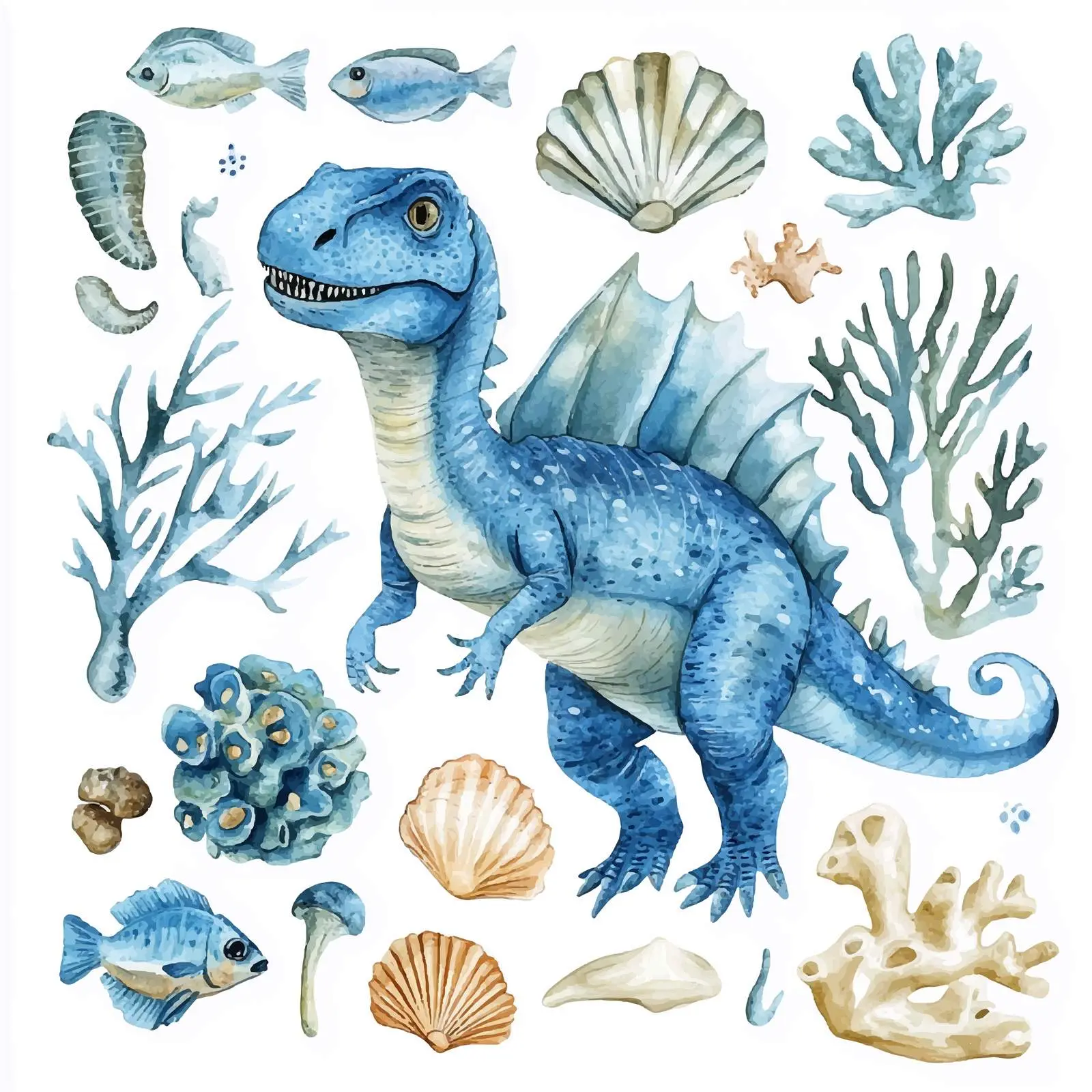Blue Dinosaur and Aquatic Life Watercolor Set – free childrens art image from Dotvec