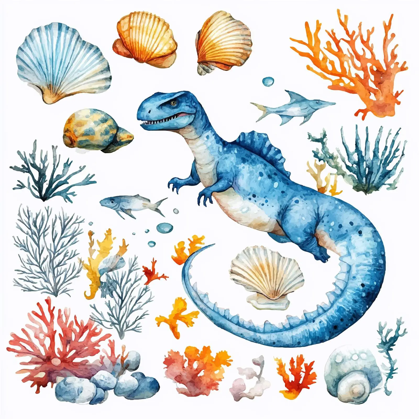 Blue Dinosaur with Underwater Coral and Fish – free marine biodiversity image from Dotvec