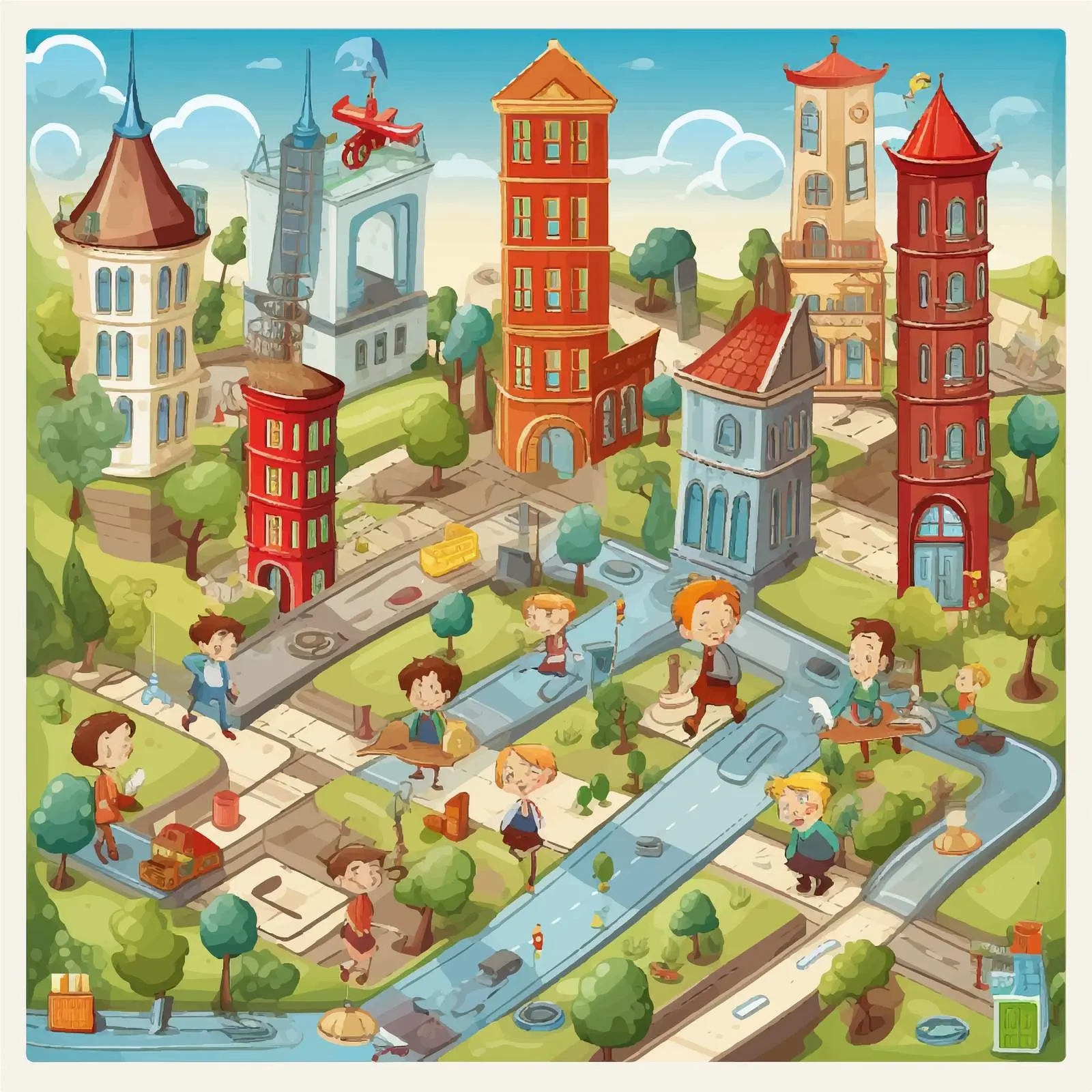 Kids Playing Board Game Among Buildings — free download from Dotvec