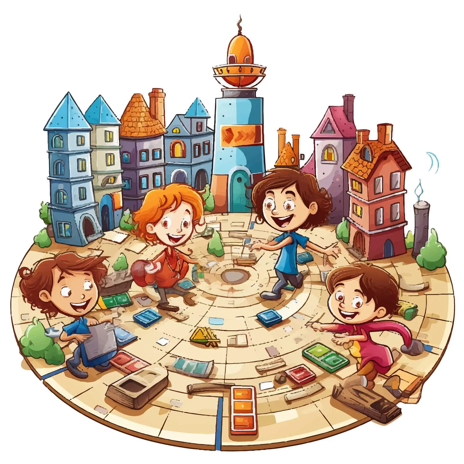 Kids Playing Board Game with Buildings Vector — free download from Dotvec