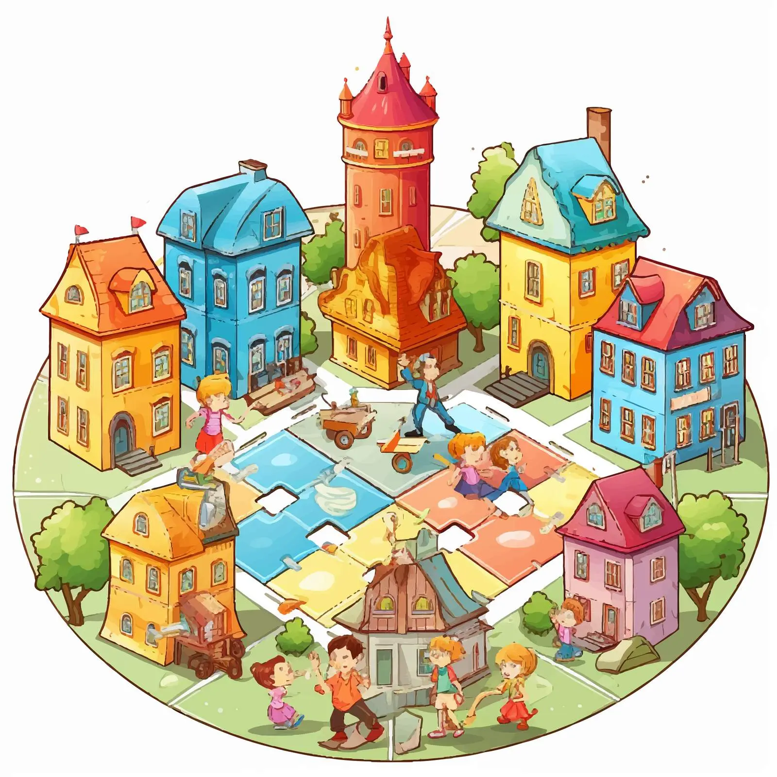 Children Playing Board Game with Buildings Vector – free multiplayer image from Dotvec