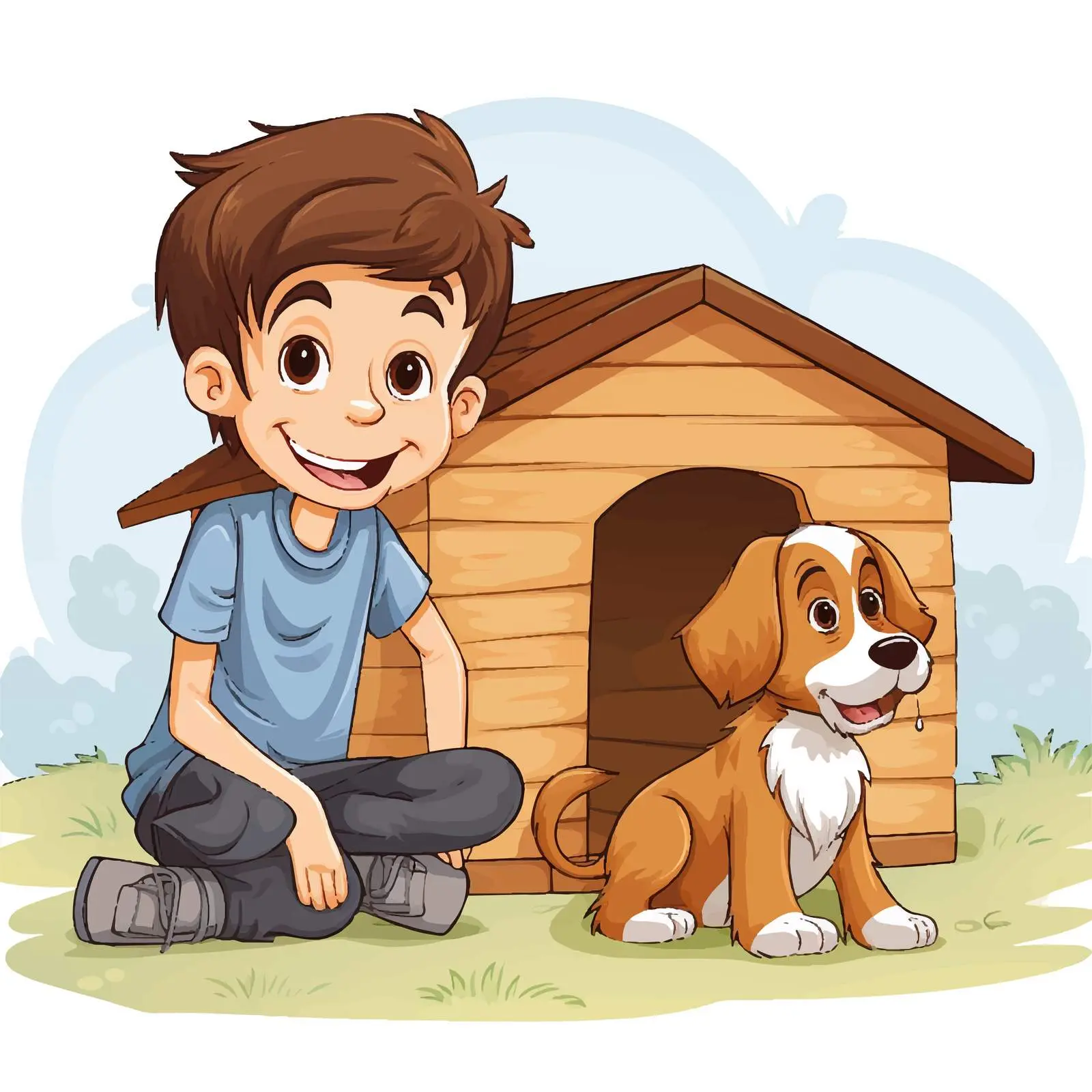 Boy and Dog by the Doghouse Cartoon Vector — free download from Dotvec