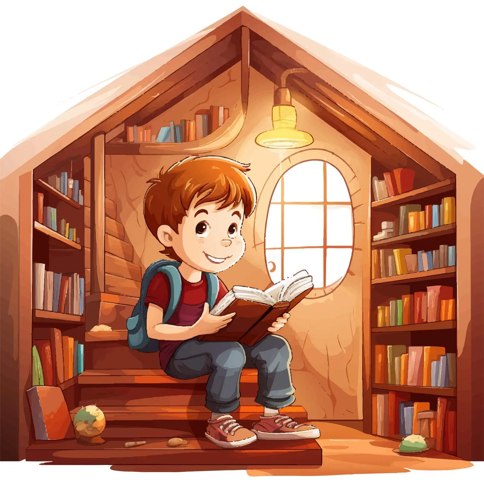 Boy Reading Book in Library Vector Illustration — free download from Dotvec