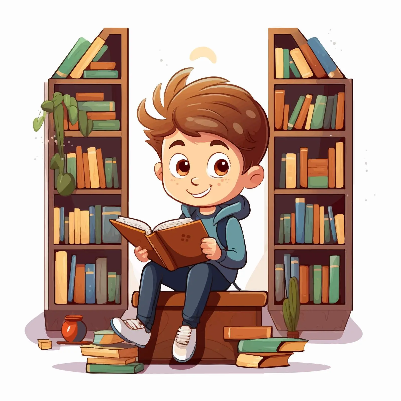 Boy Reading Book in Library Cartoon Vector — free download from Dotvec