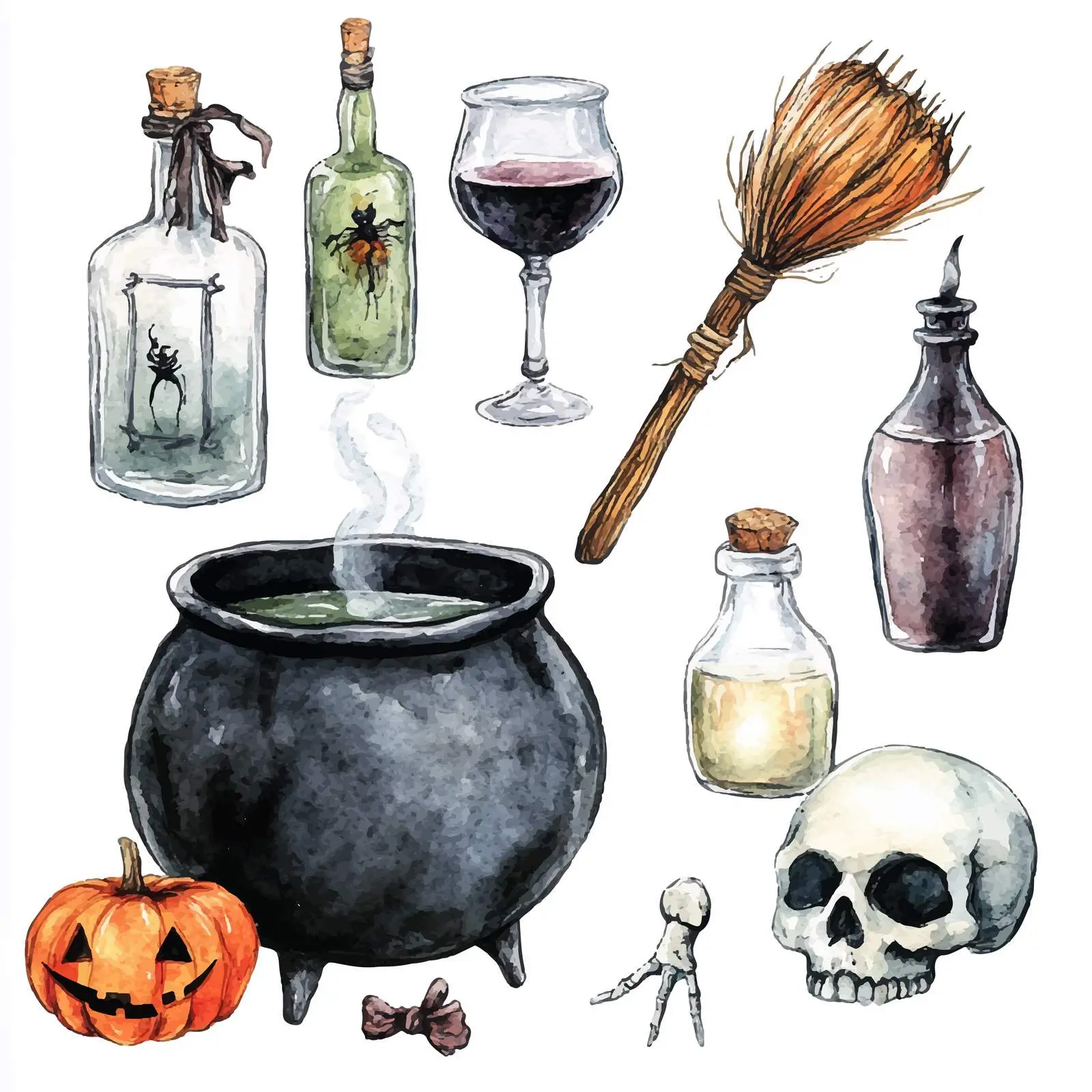 Cauldron, Potion, Flask, and Broom Vectors – free wine image from Dotvec