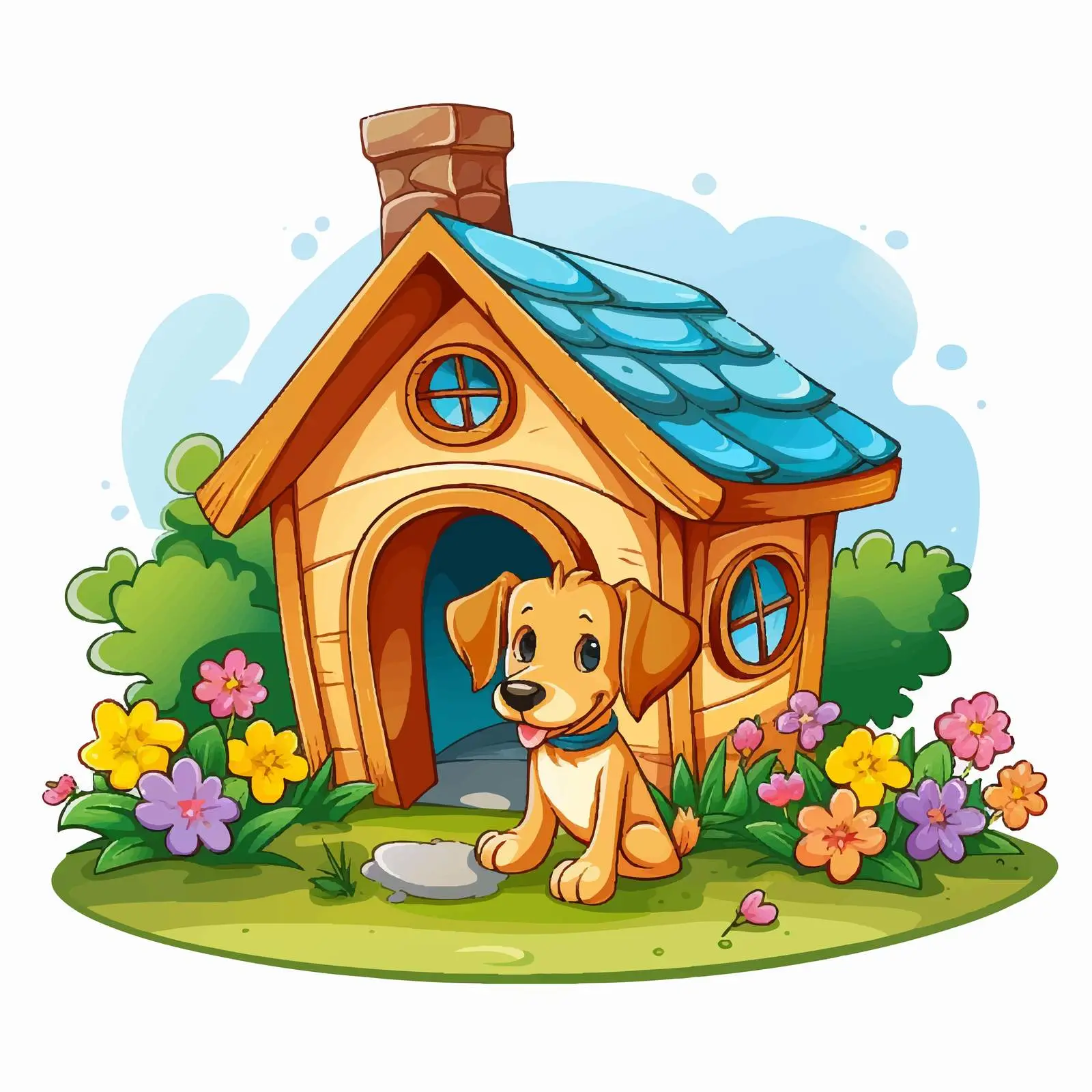 Cheerful Cartoon Dog House in Garden — free download from Dotvec