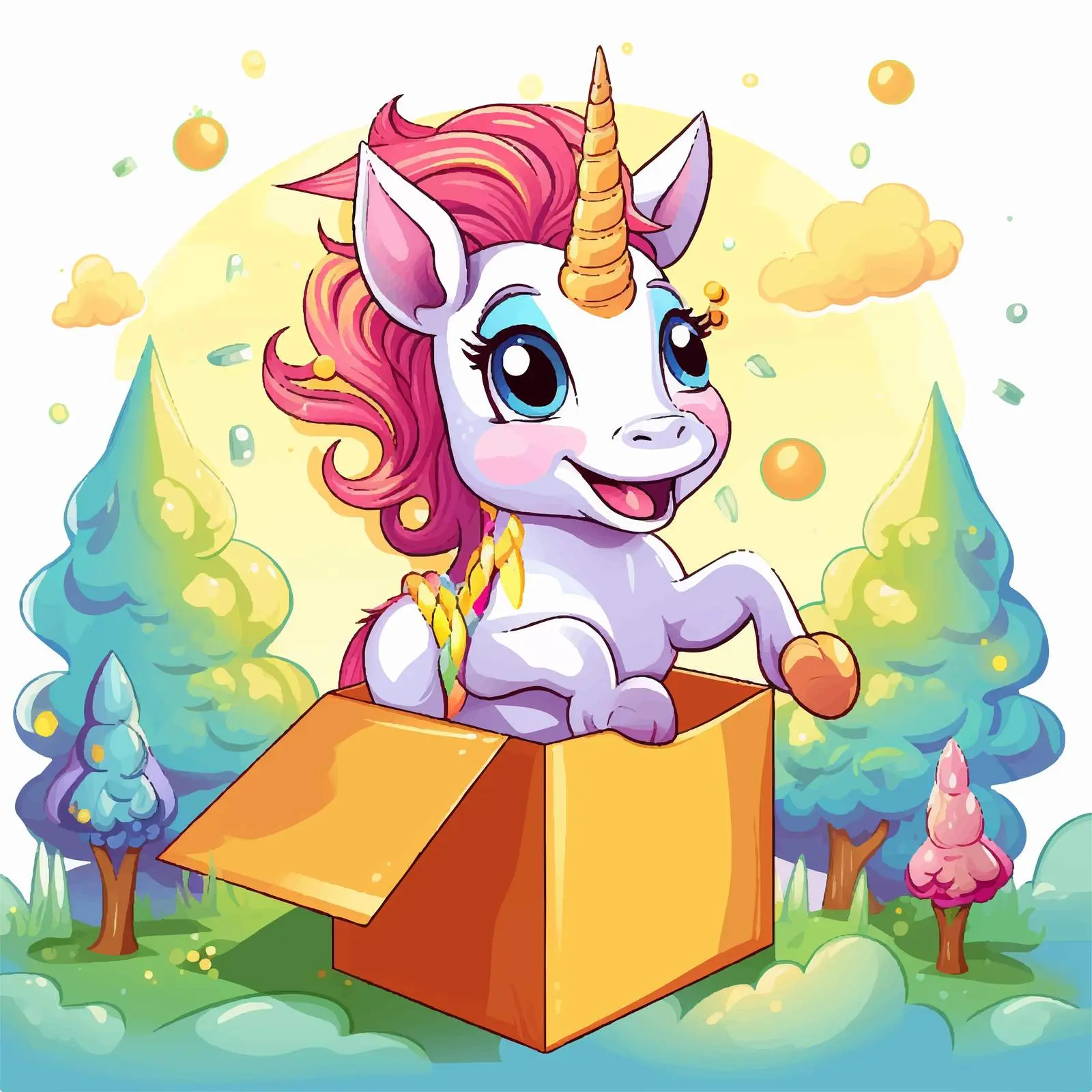 Cheerful Unicorn Jumps from Gift Box Vector – free unicorn lover image from Dotvec