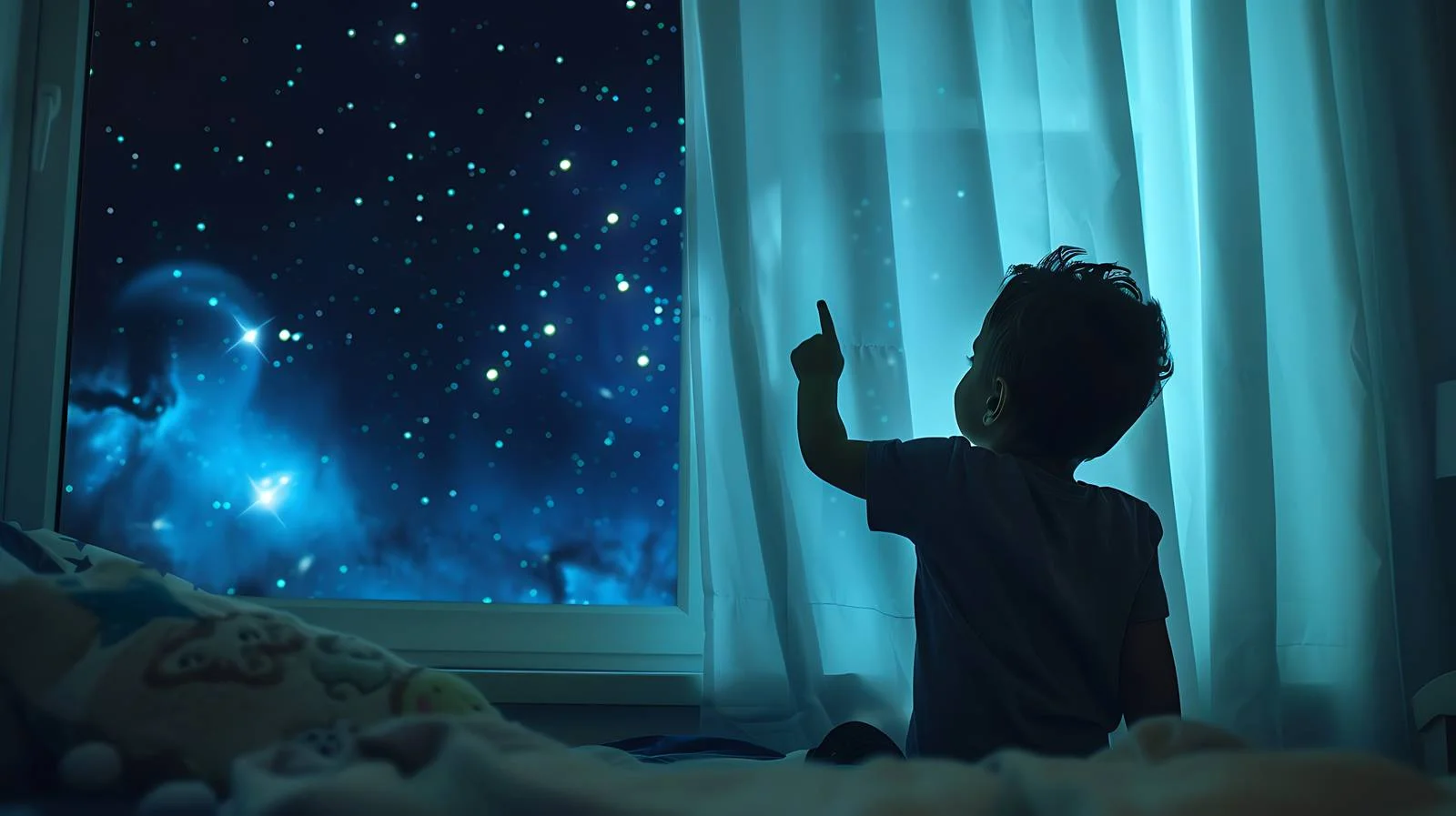 Child Gazing at Night Sky Through Window — free download from Dotvec