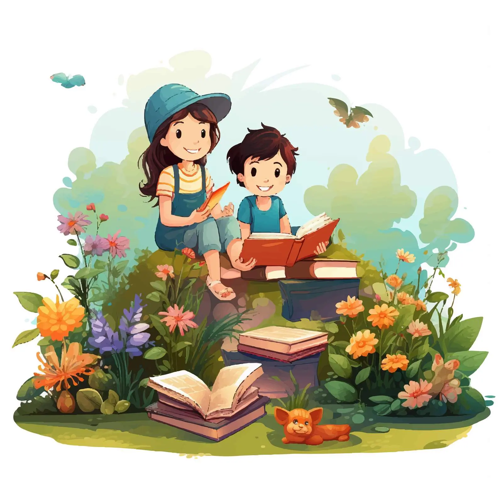 Children Reading Books in Garden – free intellectual image from Dotvec