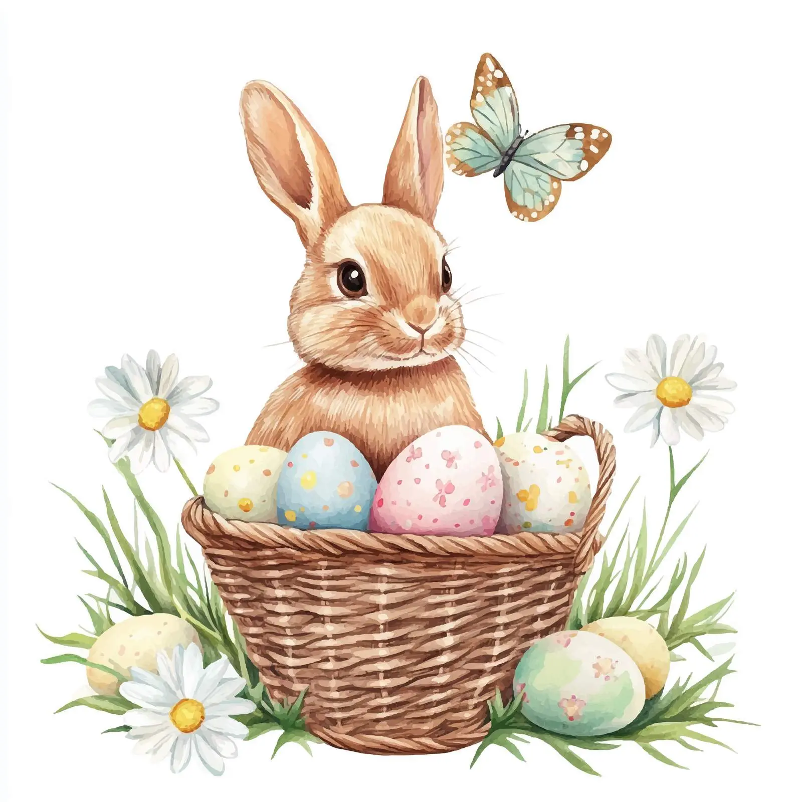 Cute Bunny with Easter Eggs in Basket – free easter egg image from Dotvec
