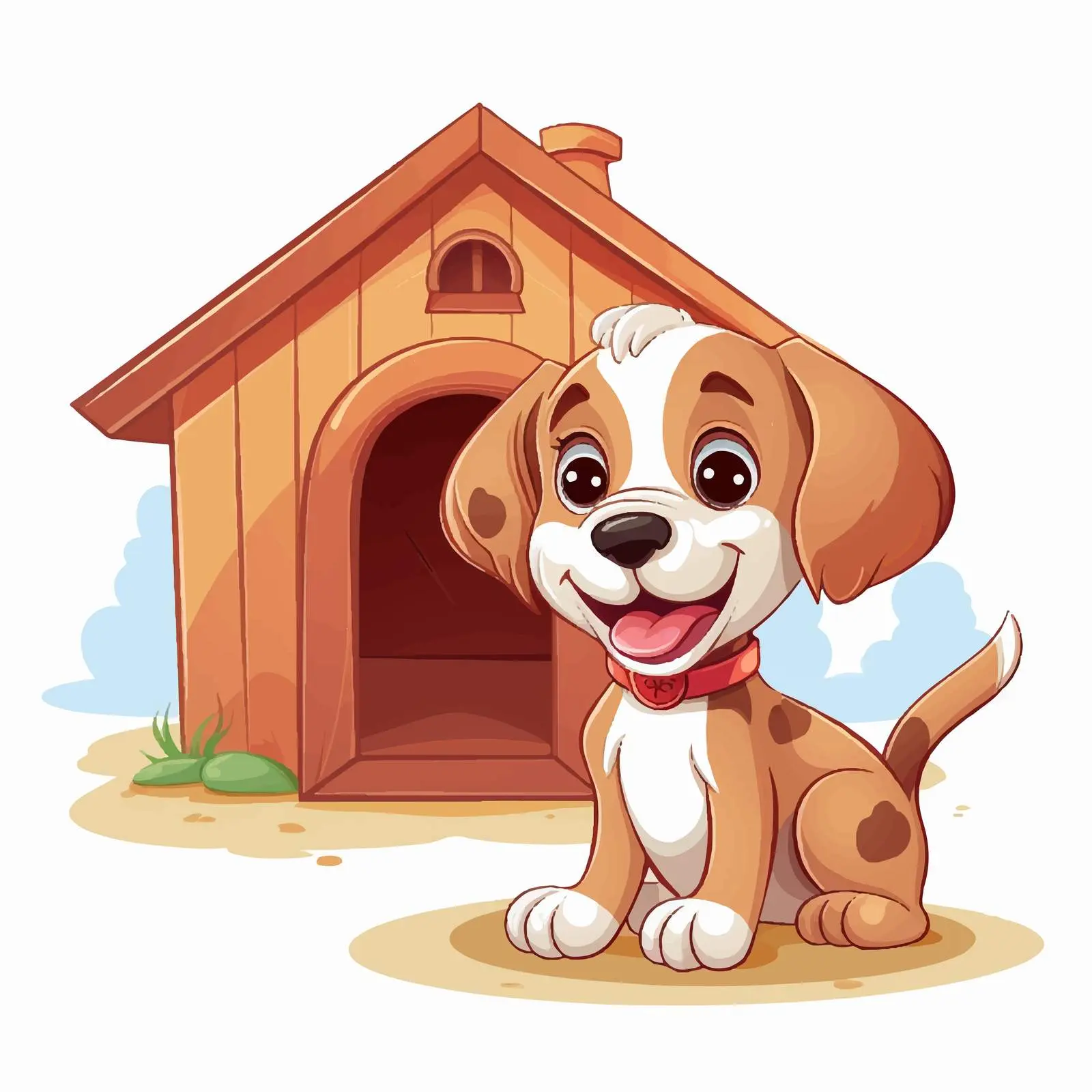 Cute Cartoon Dog in Front of Colorful Dog House — free download from Dotvec