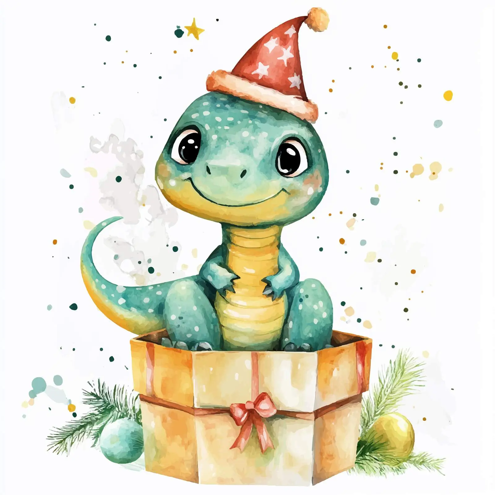 Cute Dinosaur in Festive Hatbox Watercolor Illustration – free cartoon characters image from Dotvec