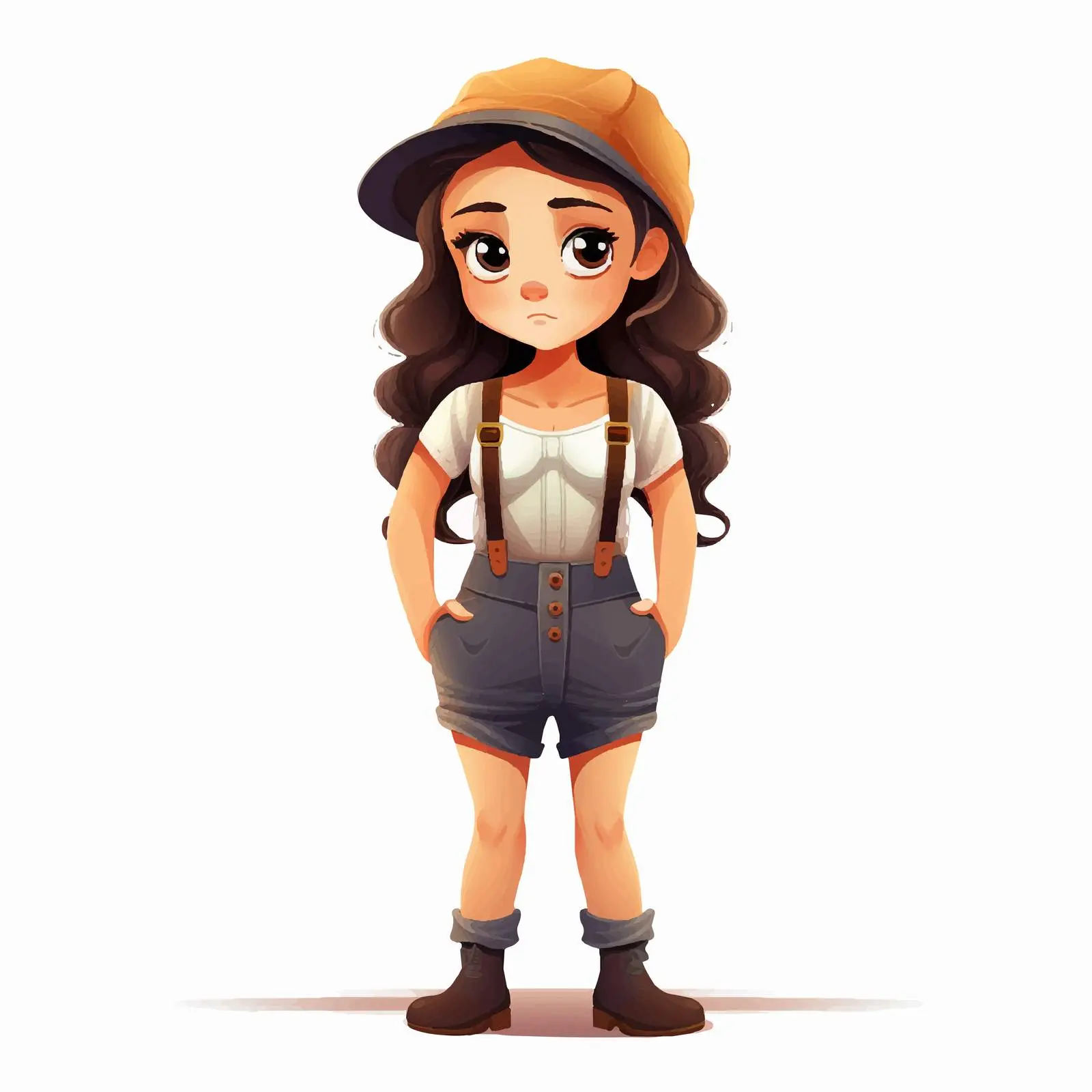 Sad Girl in Suspenders and Hat Vector Art – free sad expression image from Dotvec