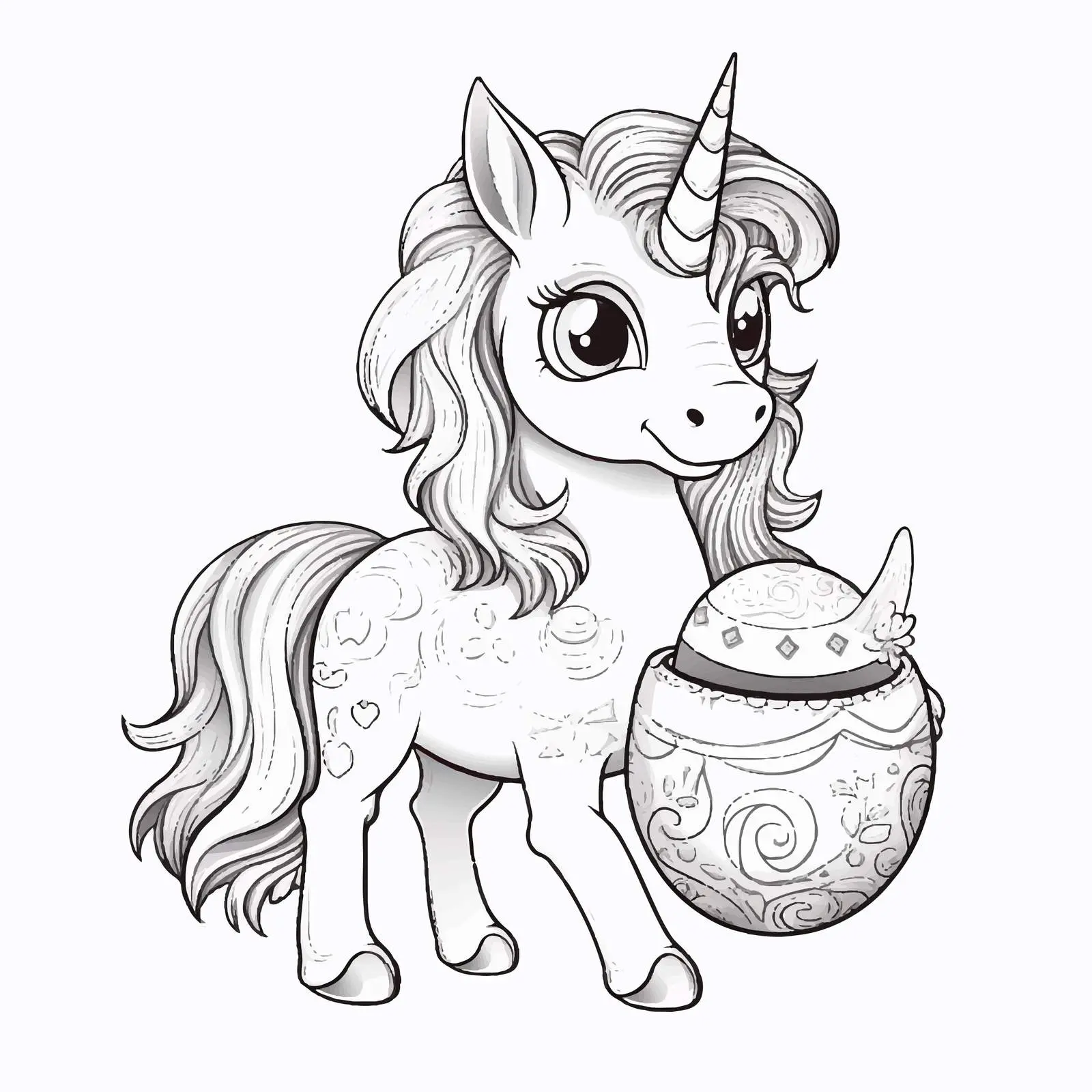Cute Unicorn Holding Easter Egg Coloring Page — free download from Dotvec