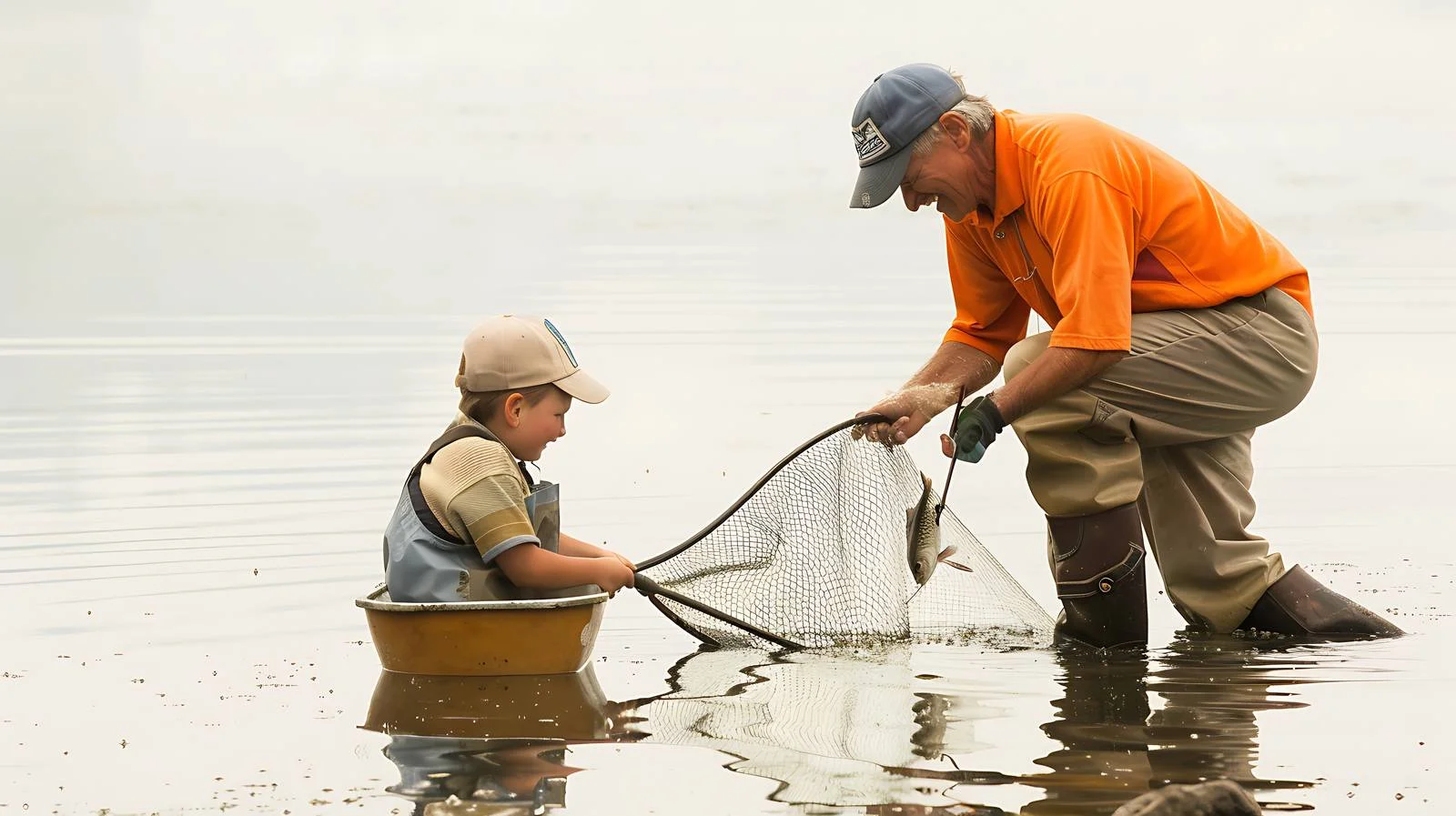Father helps son net a walleye — free download from Dotvec