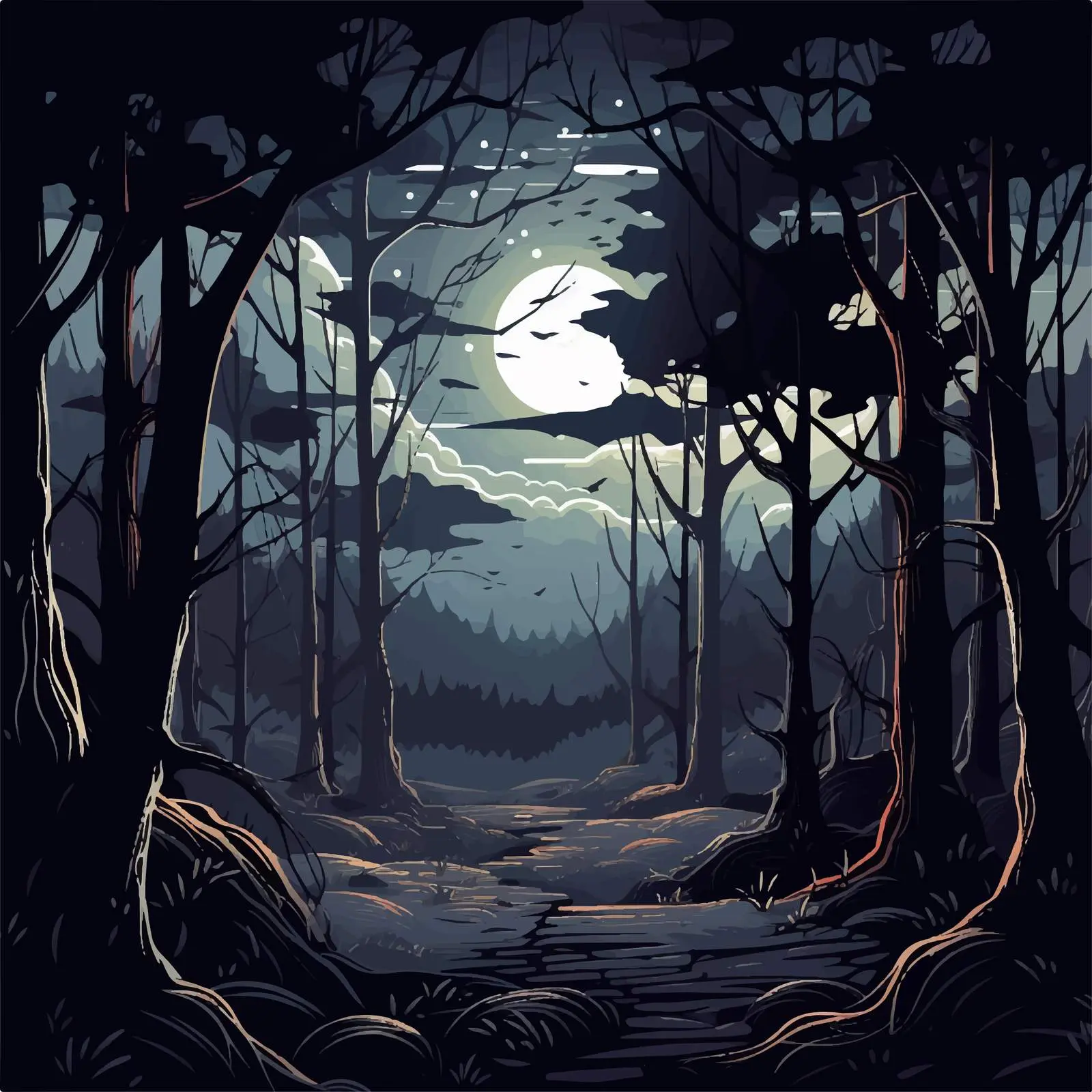 Cartoon Illustration of a Dark Night in Forest — free download from Dotvec