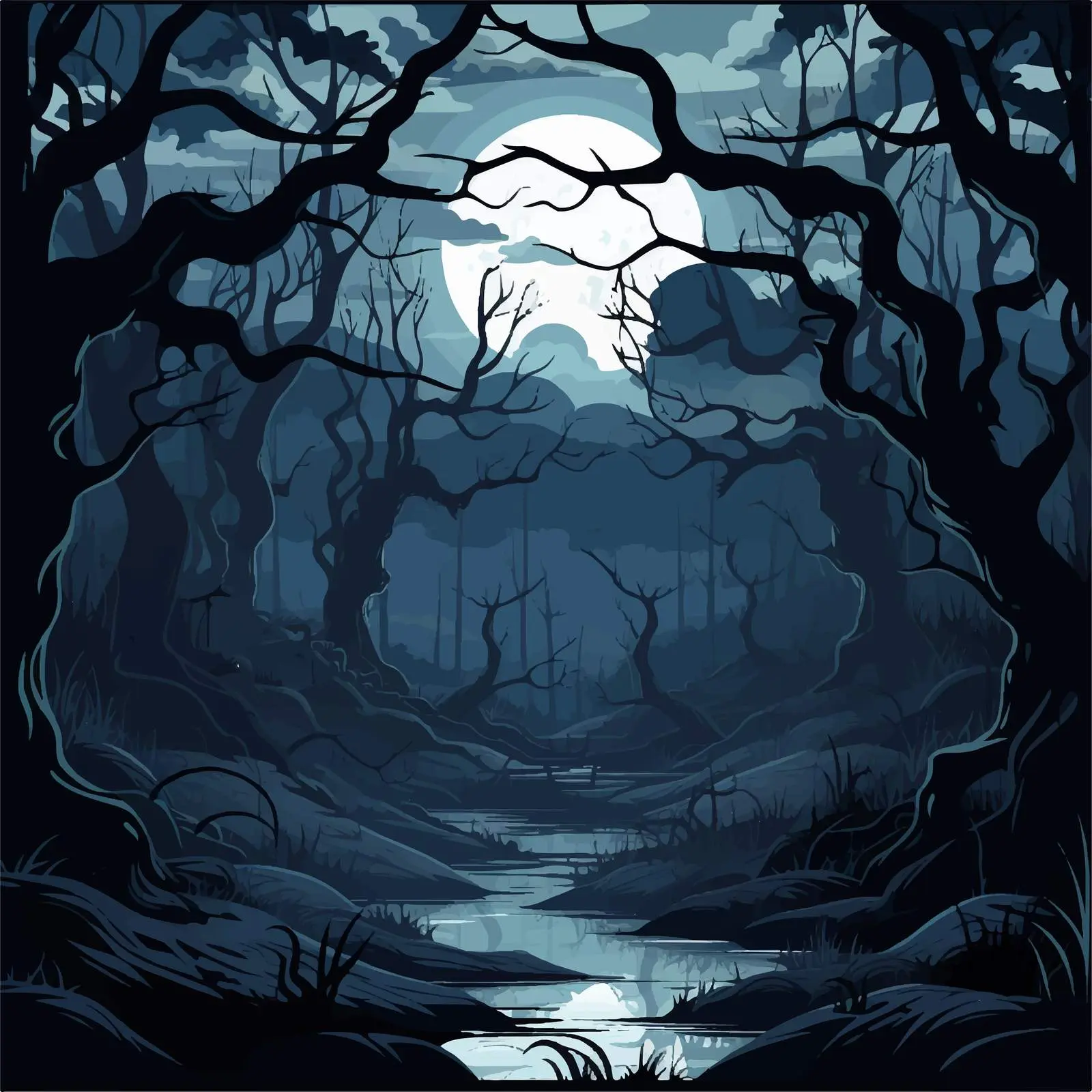 Cartoon Illustration of a Dark Forest Night — free download from Dotvec