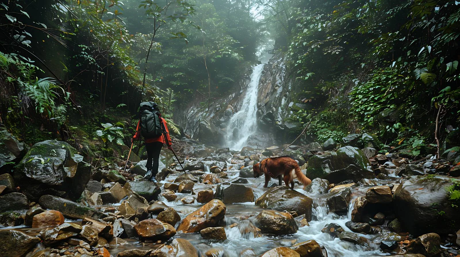 Dog's Adventure with Hikers on Rocks — free download from Dotvec