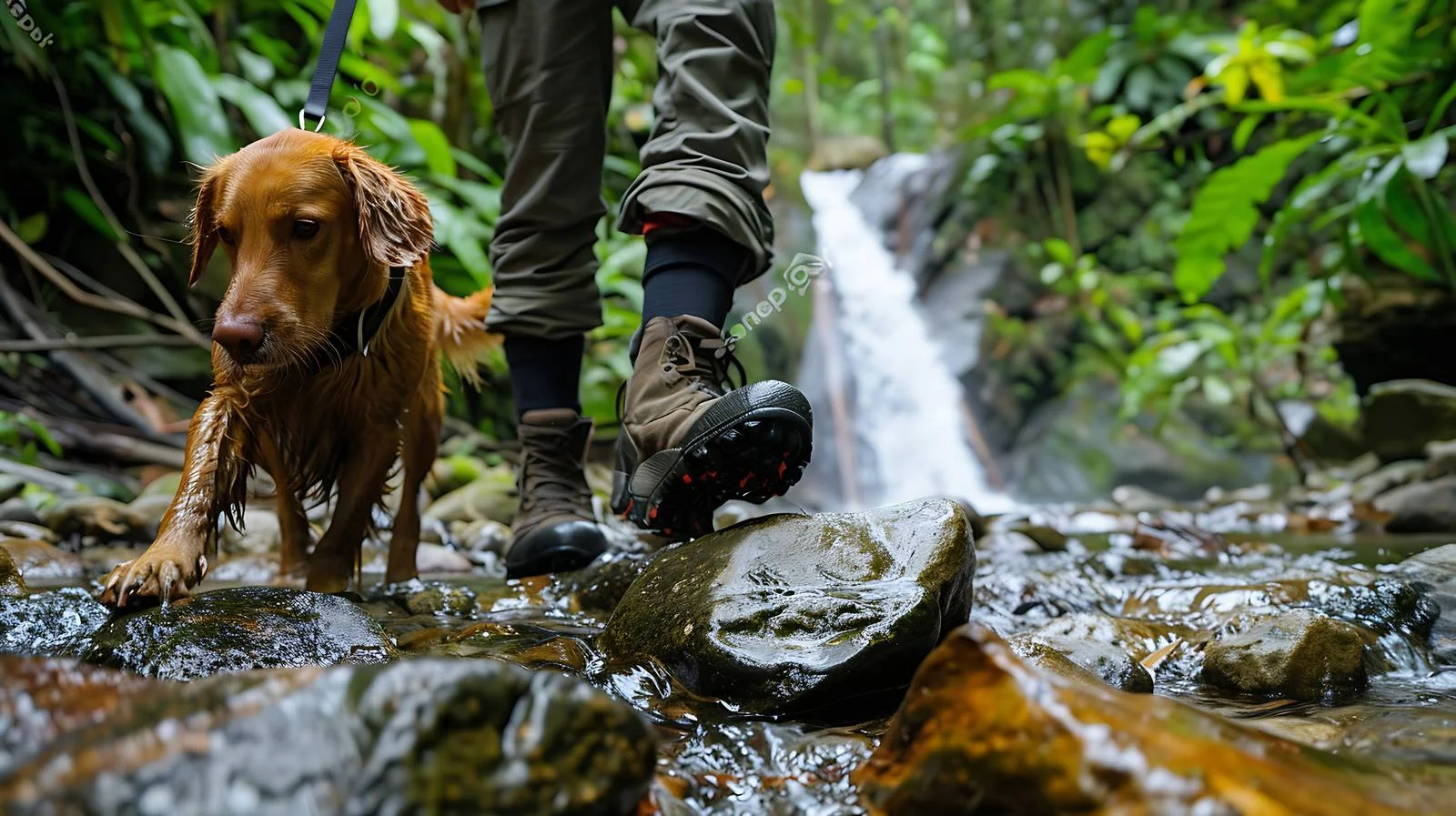 Excited Dog Adventures with Hikers on Rocks — free download from Dotvec