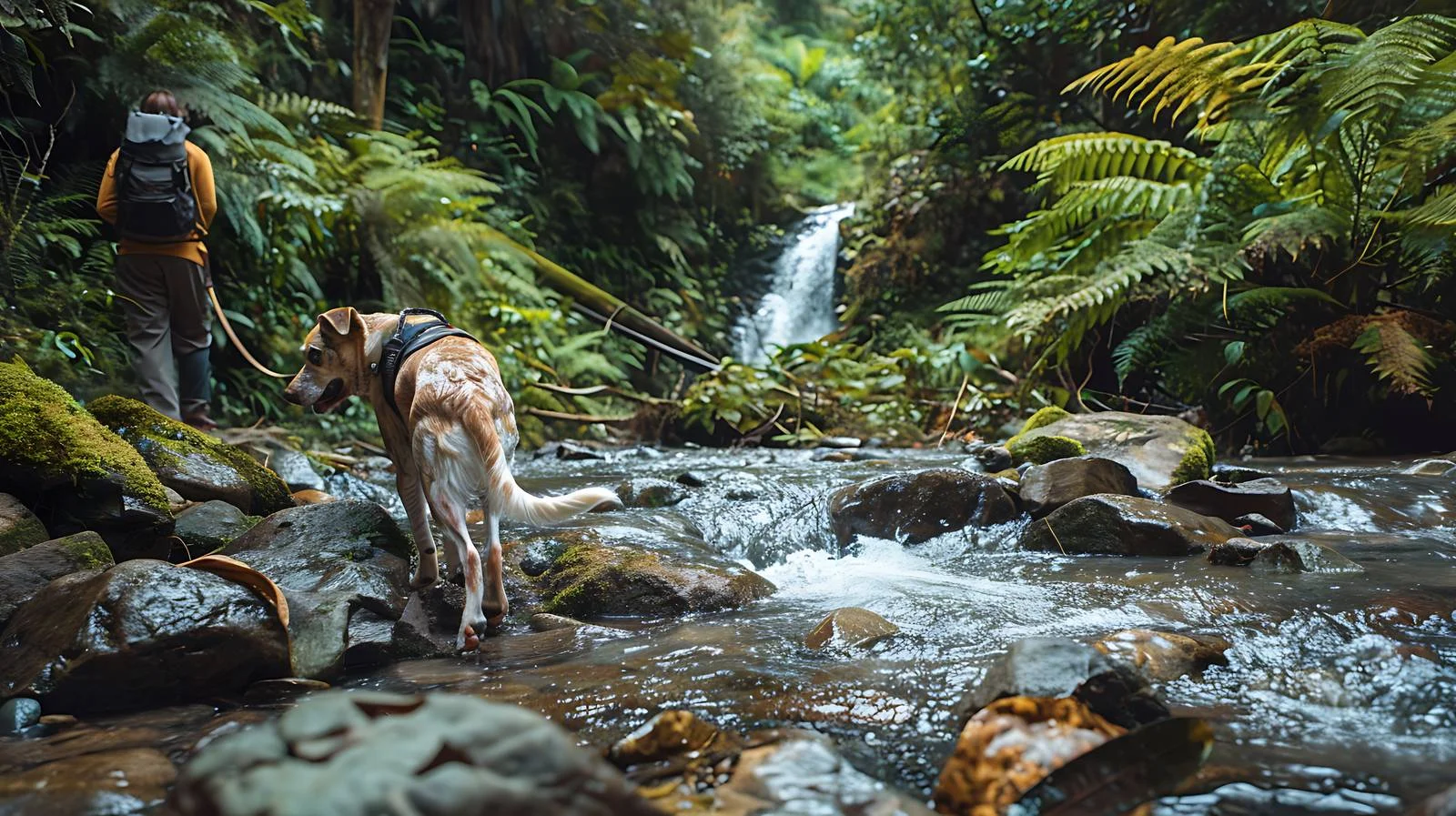 Excited Dog Hiking with Hikers on Rocks — free download from Dotvec