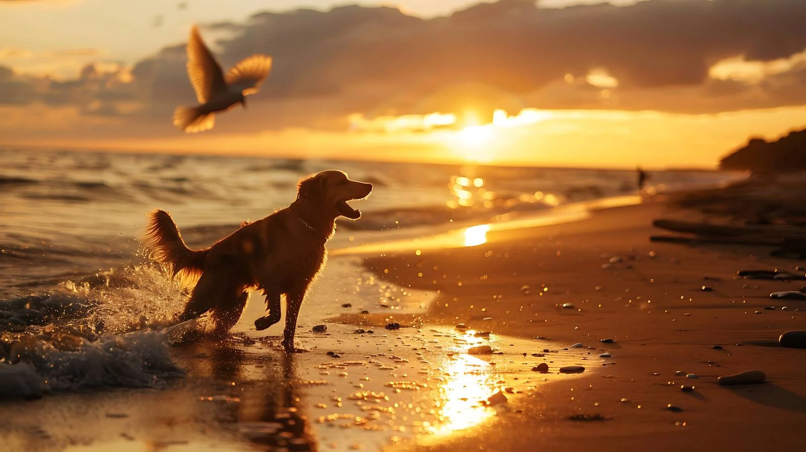 Dog Chasing Bird on Beach at Sunset — free download from Dotvec