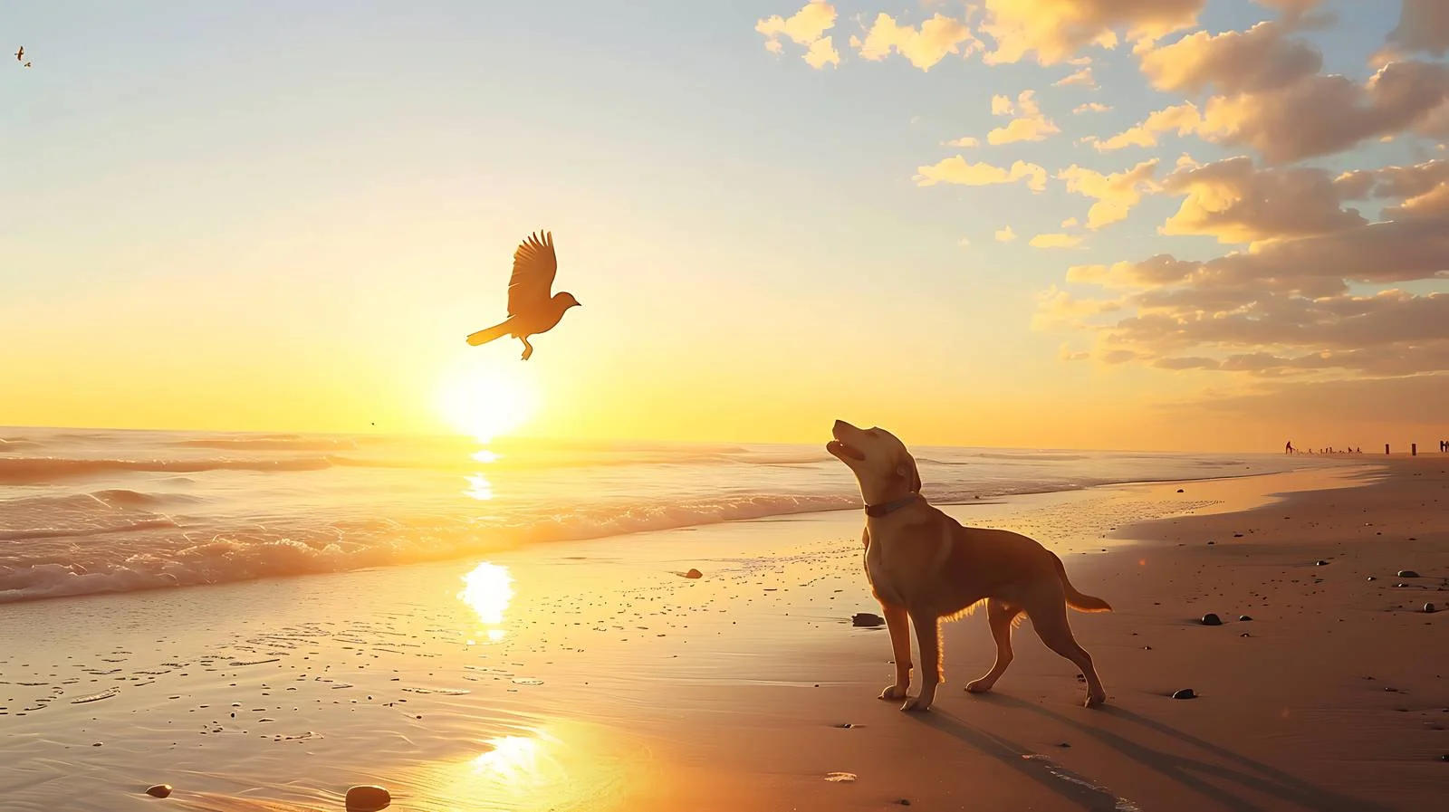 Dog chasing bird on beach at sunset — free download from Dotvec