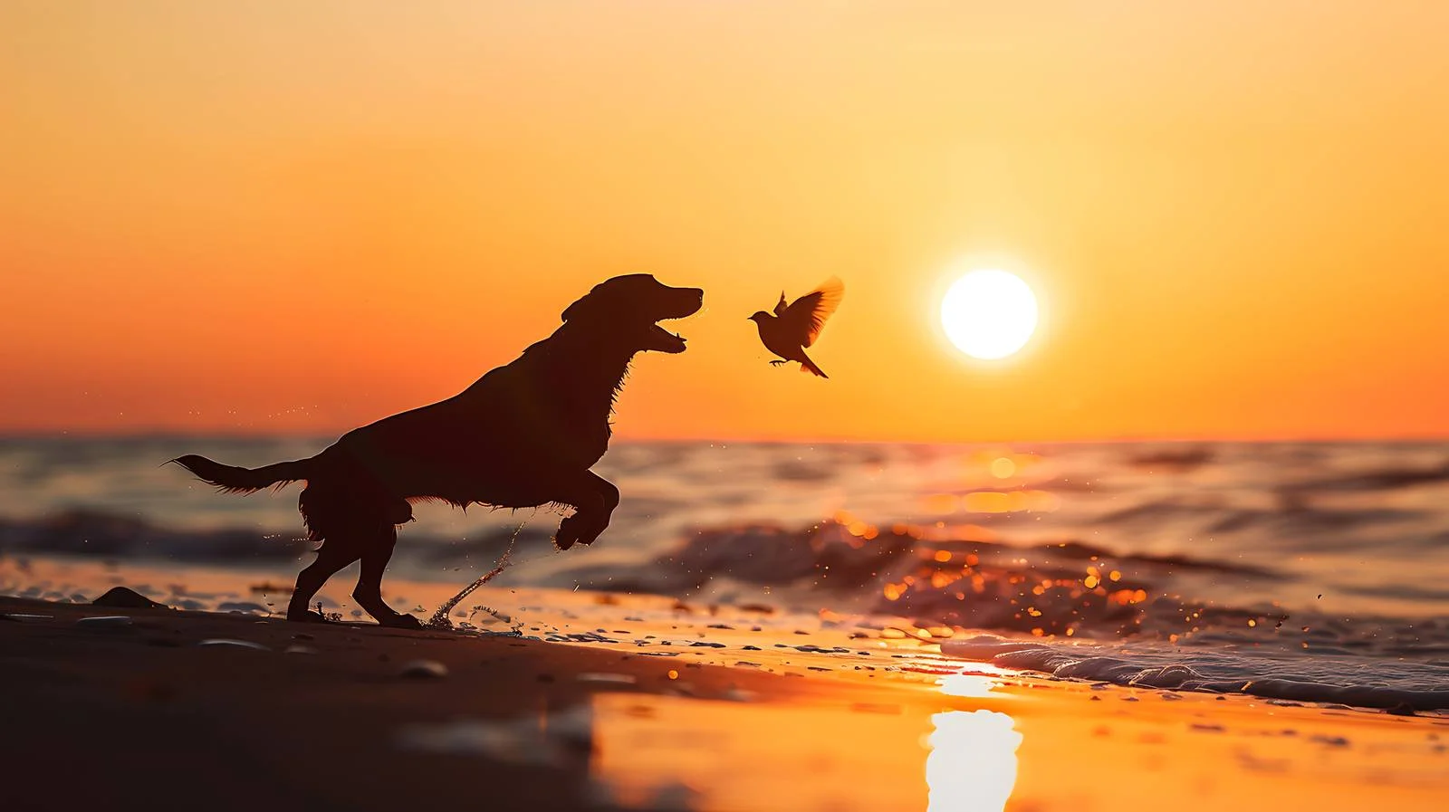 Dog Catching Bird on Beach at Sunset — free download from Dotvec
