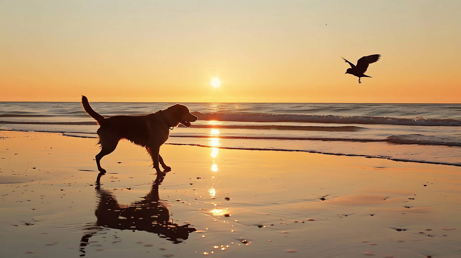 Dog Catching Bird at Sunset on Beach — free download from Dotvec