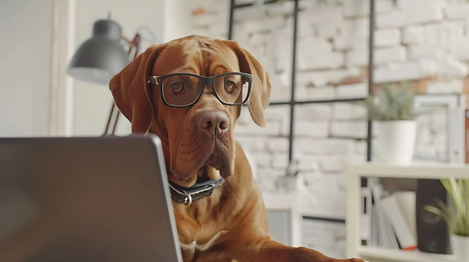 Smart dog at office desk using laptop — free download from Dotvec
