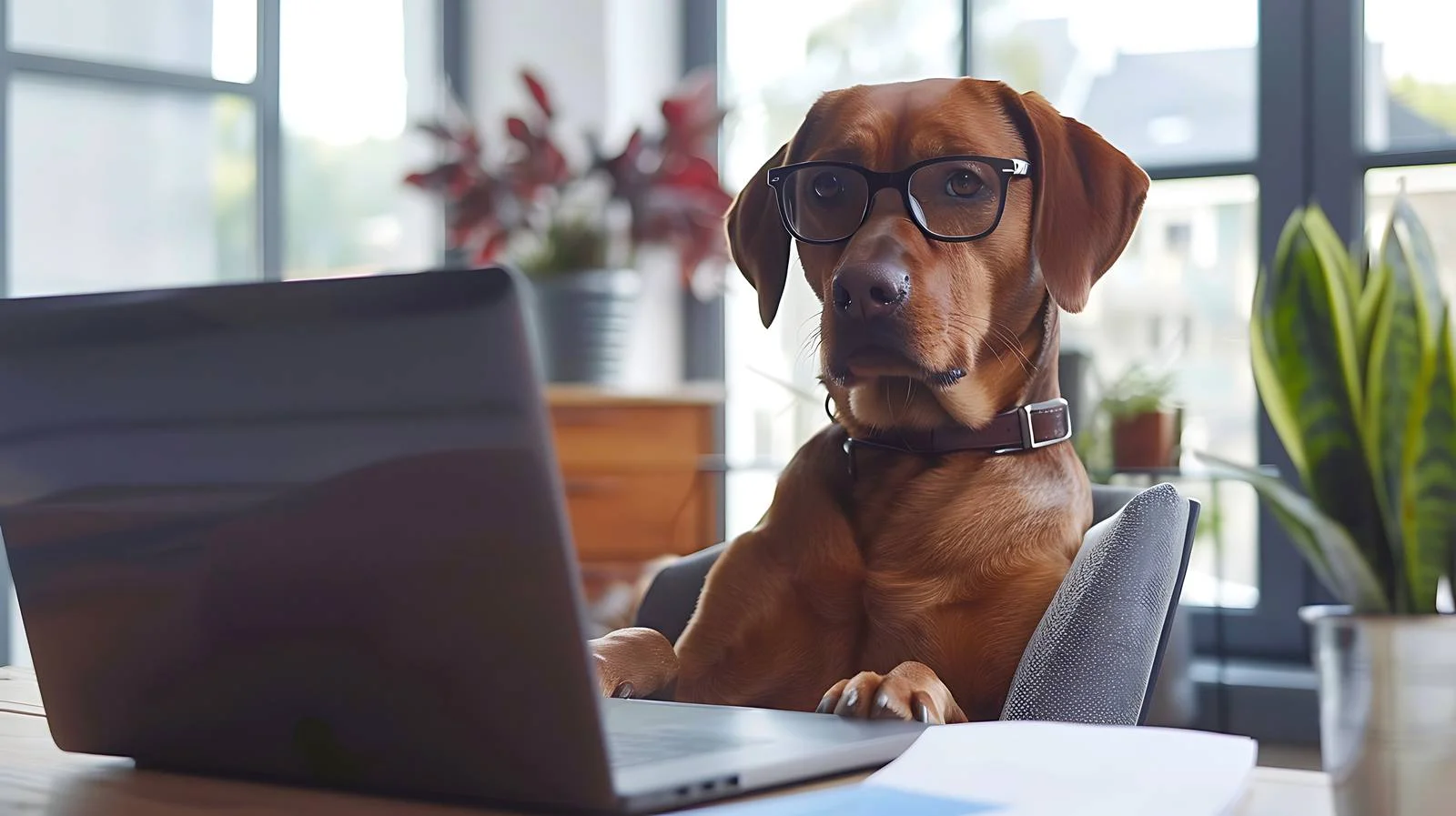 Smart dog using laptop at office desk — free download from Dotvec