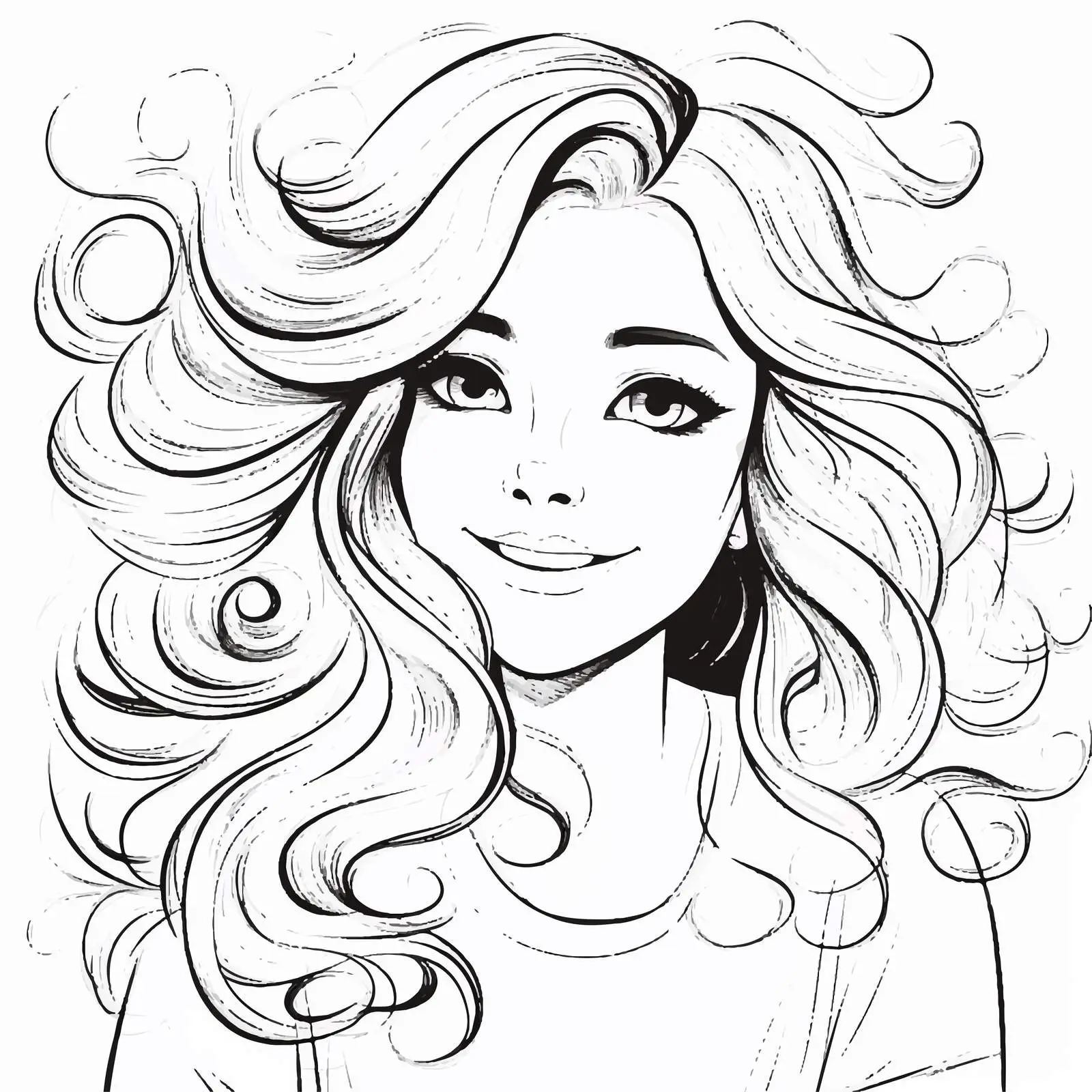 Doodle Outline of Beautiful Girl with Brown Hair — free download from Dotvec