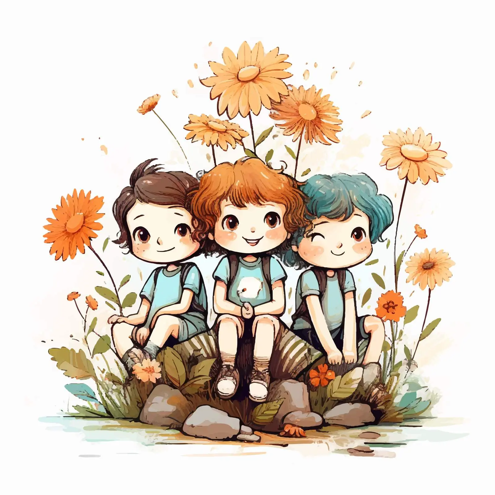 Children Sitting on Flowers Cartoon Vector — free download from Dotvec