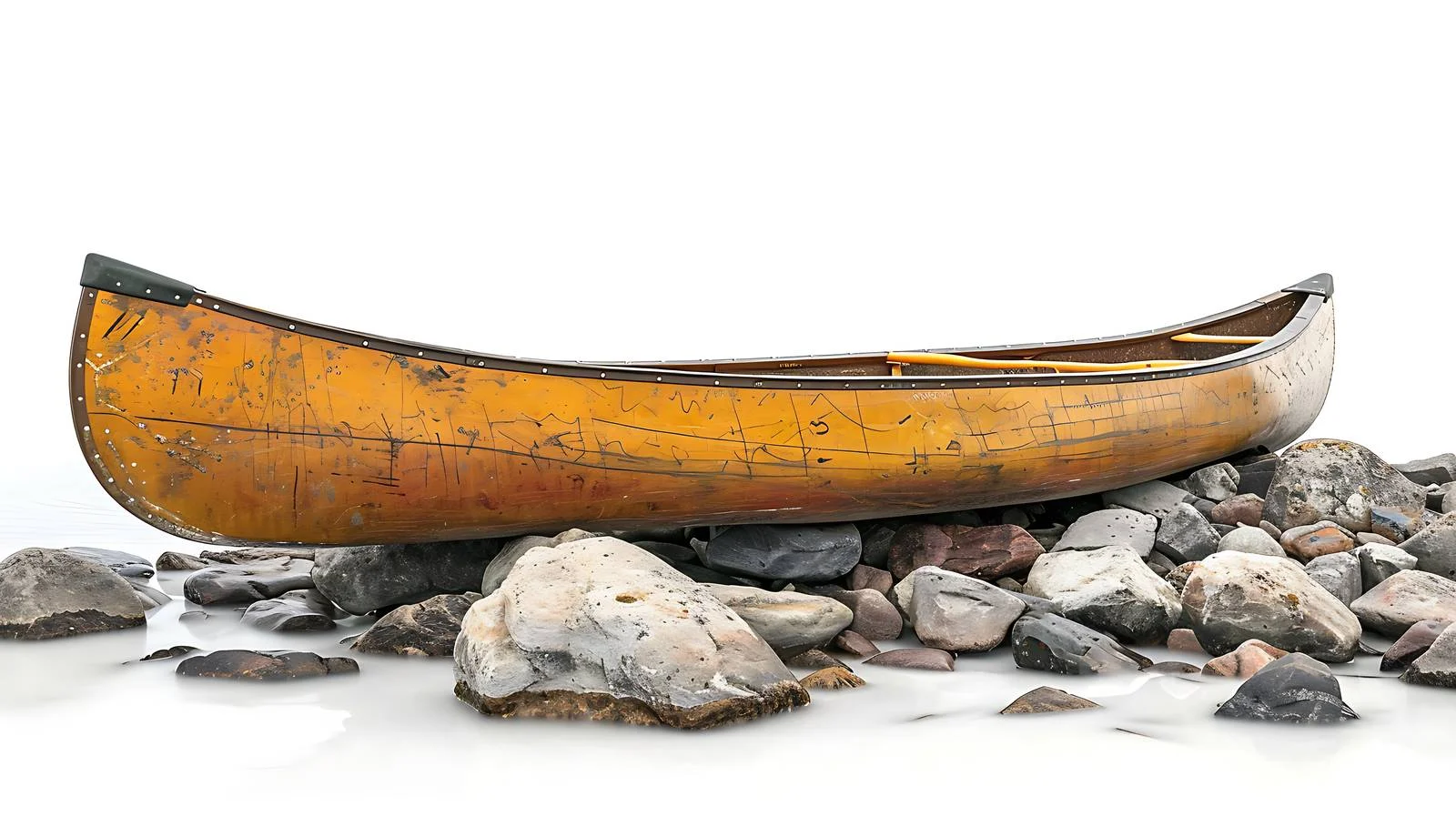 Tranquil fisherman's canoe rests on rocky shore — free download from Dotvec