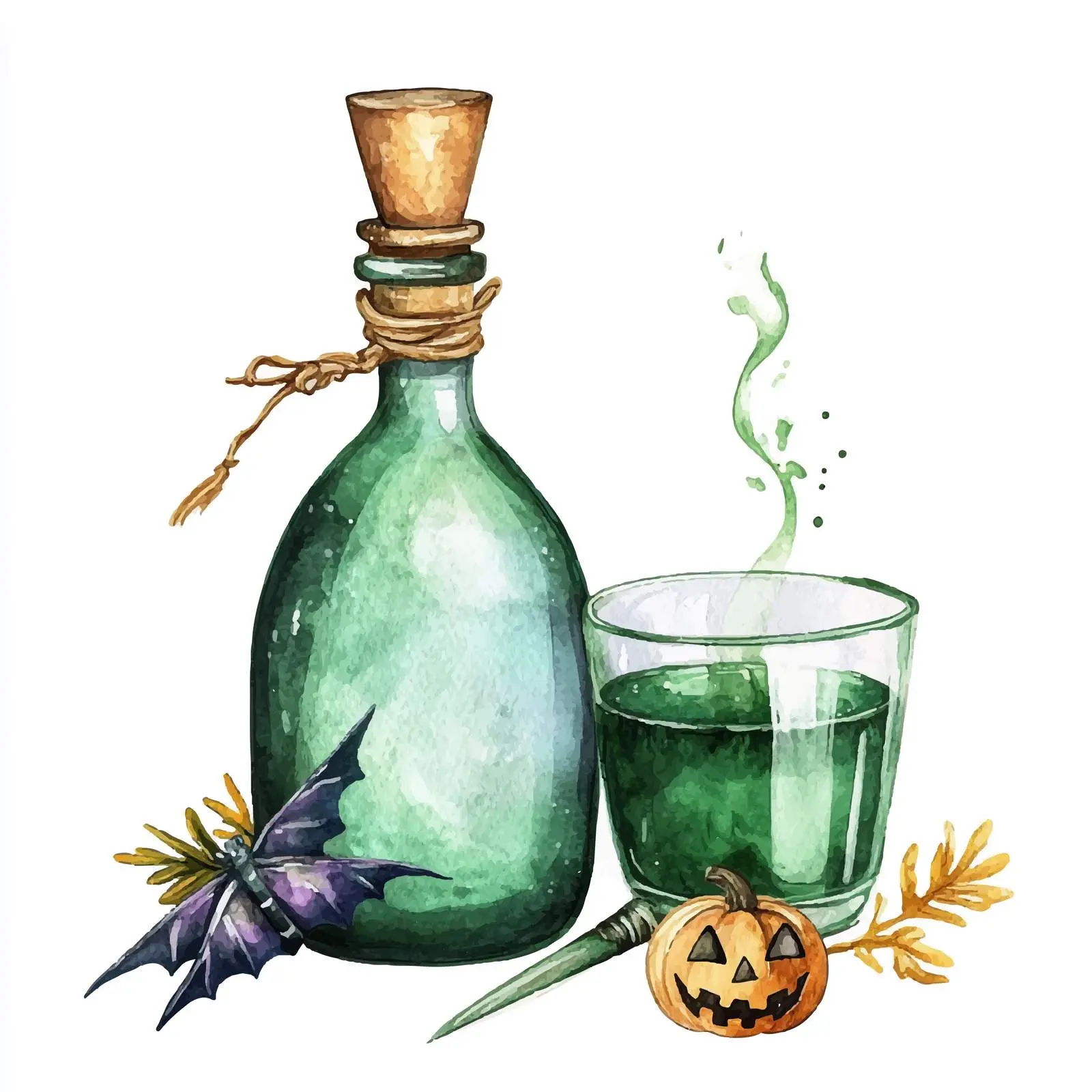 Green Potion Flask and Glass Watercolor Illustration — free download from Dotvec