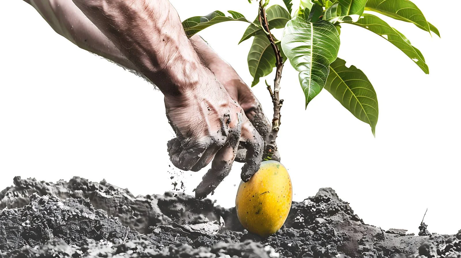 Gardener holding and planting mango tree — free download from Dotvec