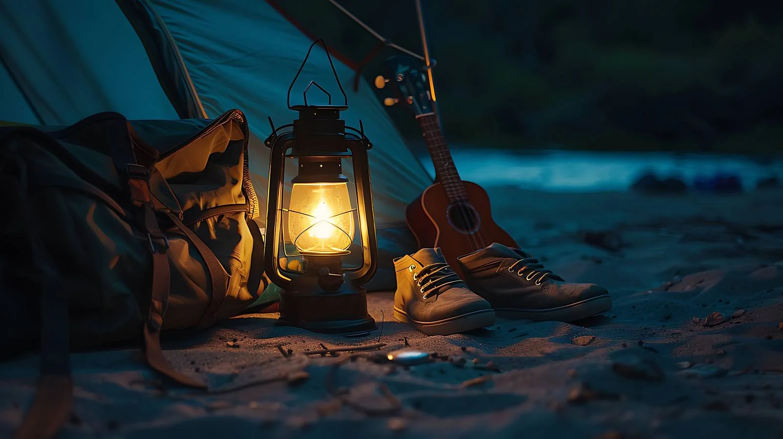 Tent Floor Gas Lamp and Bag at Night — free download from Dotvec