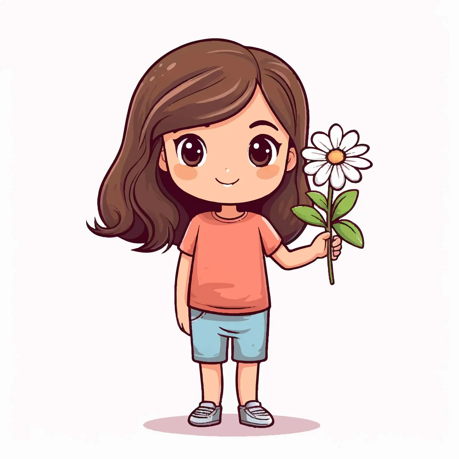 Doodle Style Girl Cartoon Holding Flower — free download from Dotvec