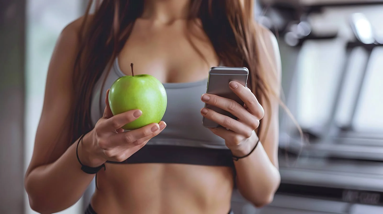 Fitness Girl with Green Apple and Smartphone — free download from Dotvec