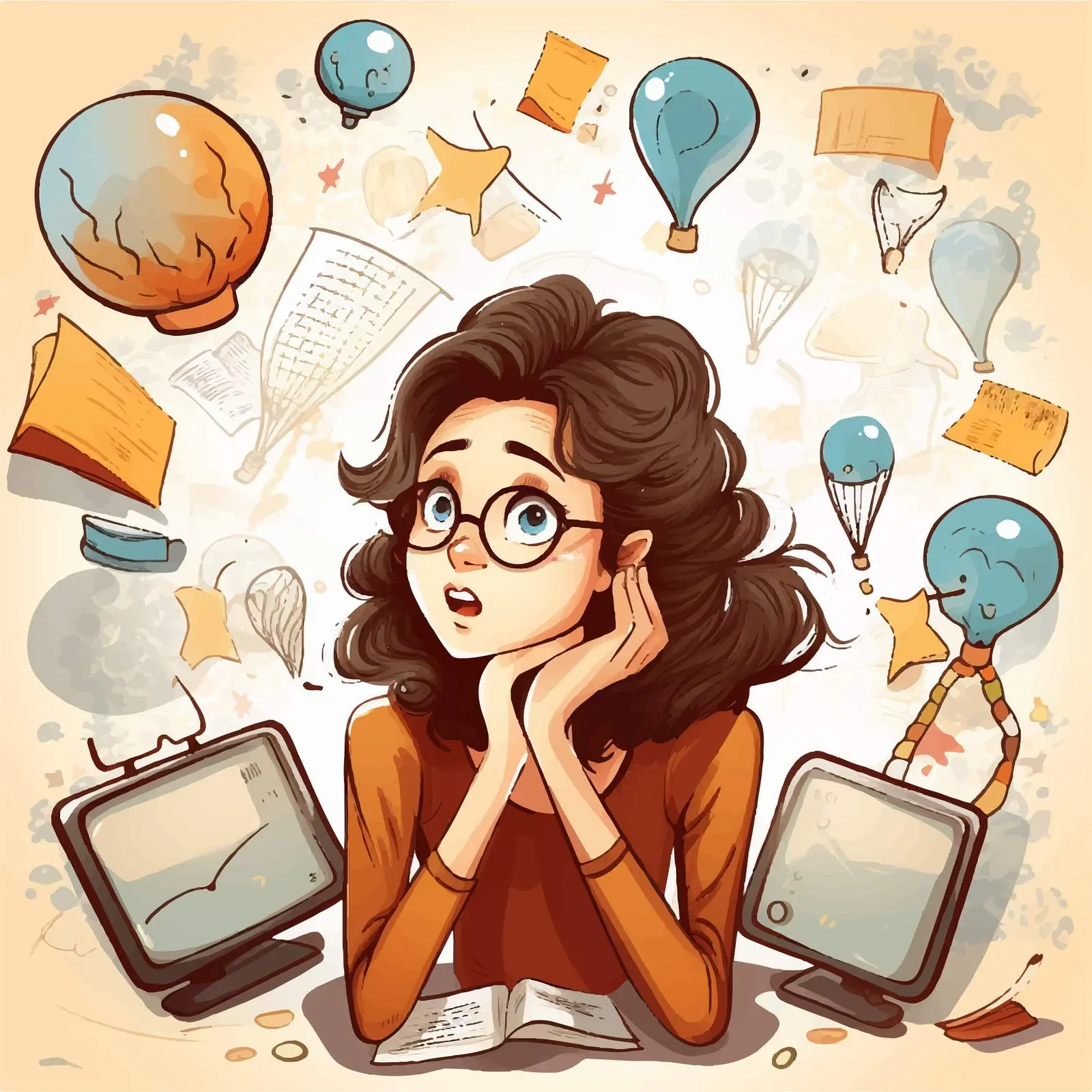 Girl Thinking with Callouts Vector Illustration – free female cartoon image from Dotvec