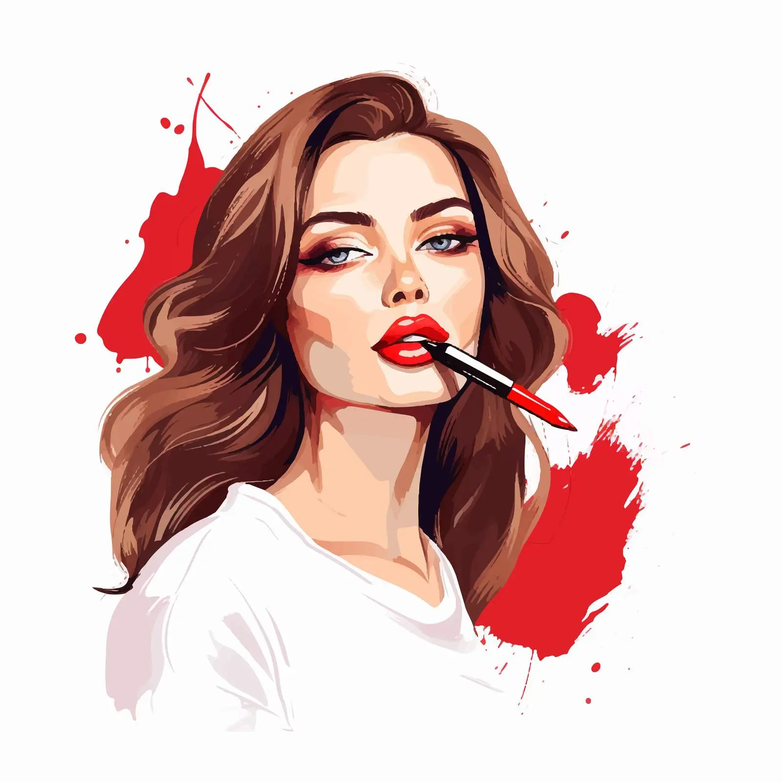Girl Applying Red Lipstick with Long Hair — free download from Dotvec
