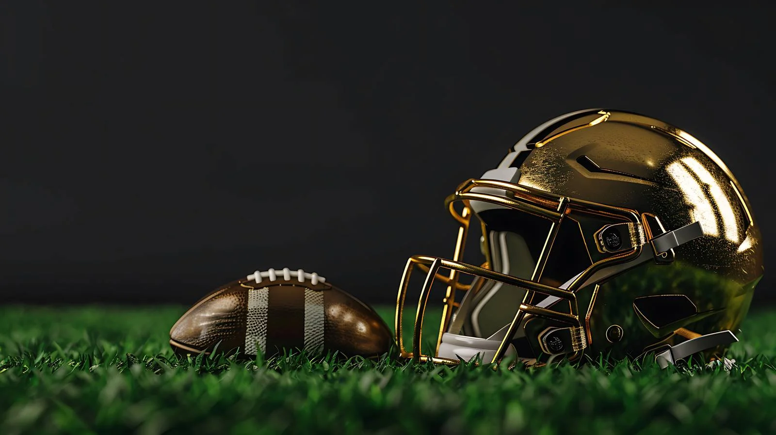 Golden Football Helmet and Ball on Grass Field — free download from Dotvec