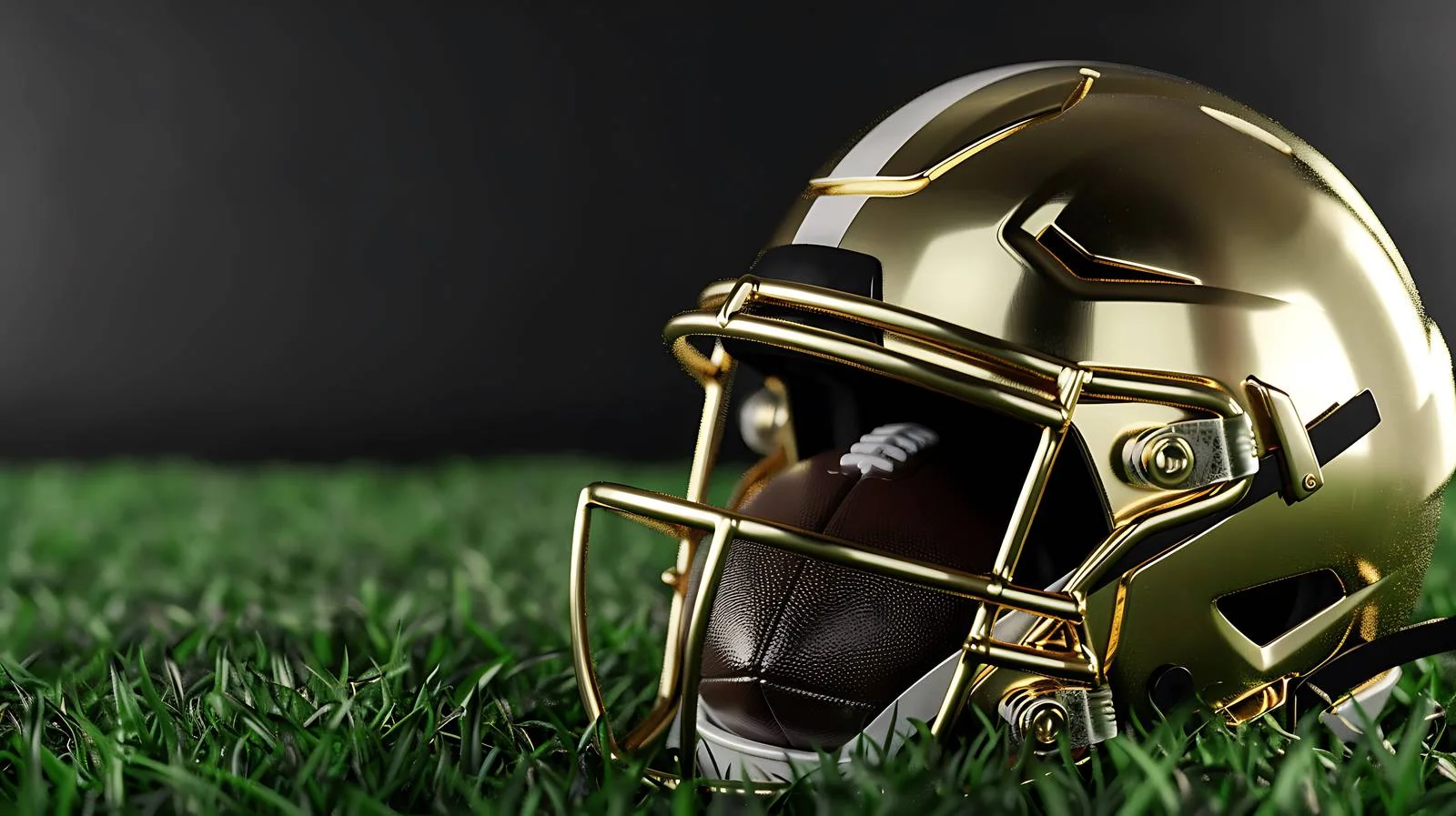 Golden Football Helmet and Ball on Grass Field — free download from Dotvec