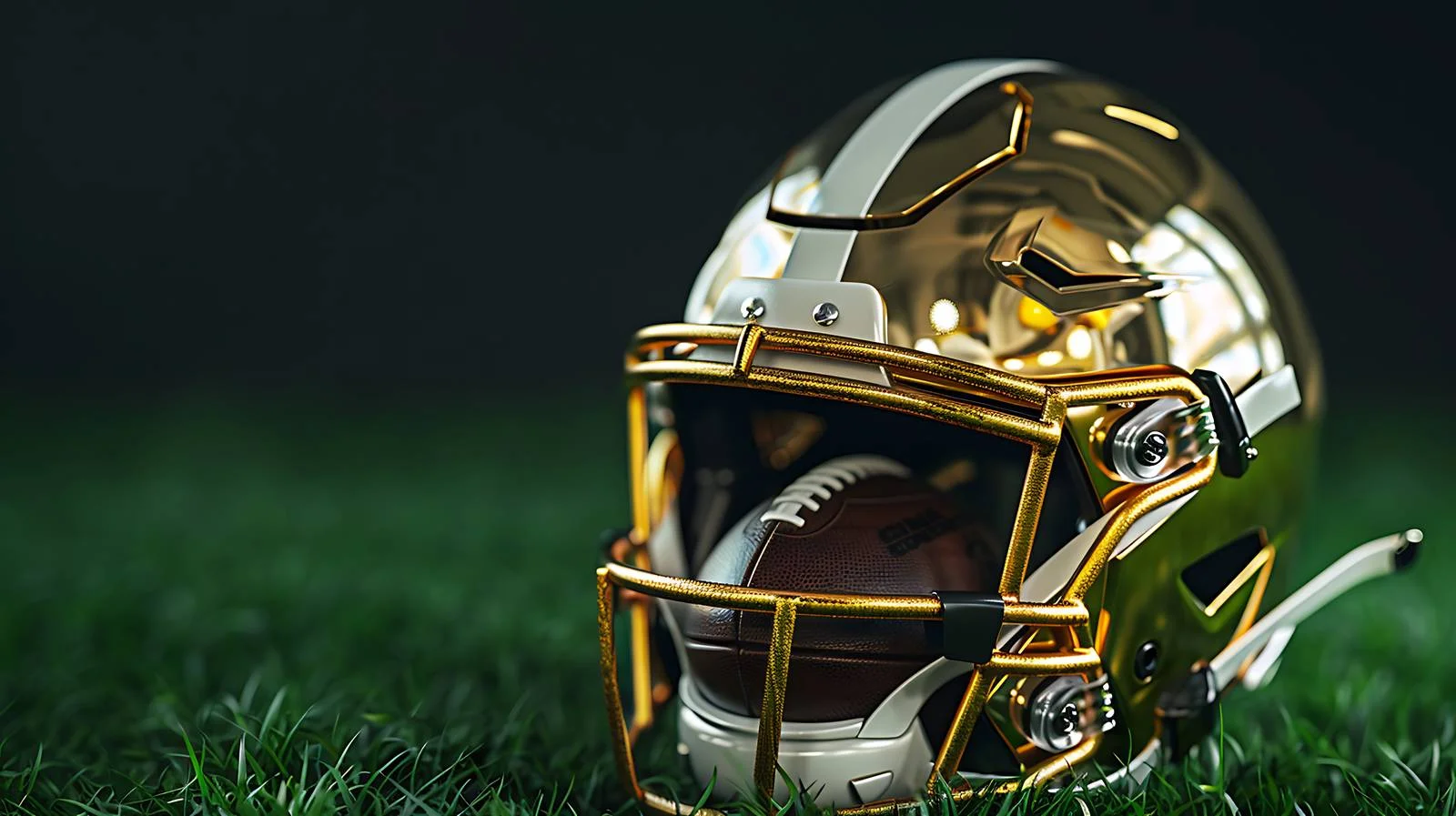 Golden Football Helmet and Ball on Grassy Field — free download from Dotvec