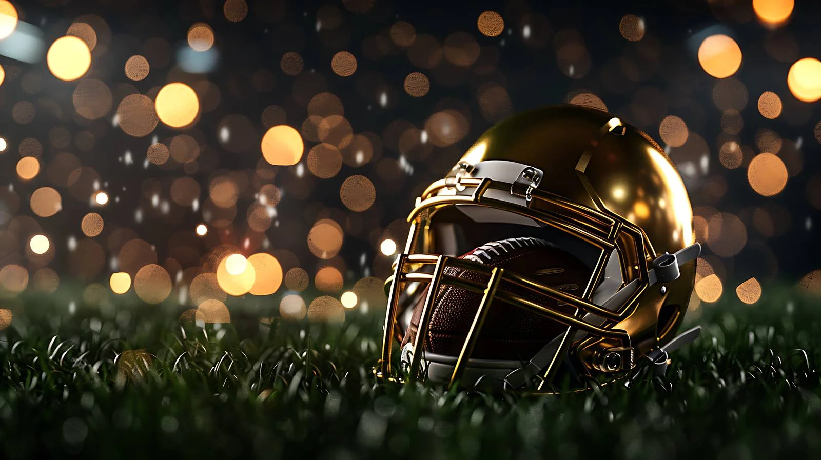 Golden Football Helmet and Ball on Grass — free download from Dotvec