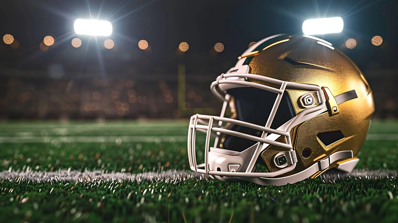 Golden Football Helmet and Ball on Grass Field — free download from Dotvec