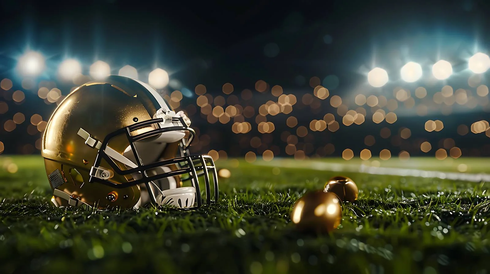 Golden Football Helmet on Field with Ball — free download from Dotvec