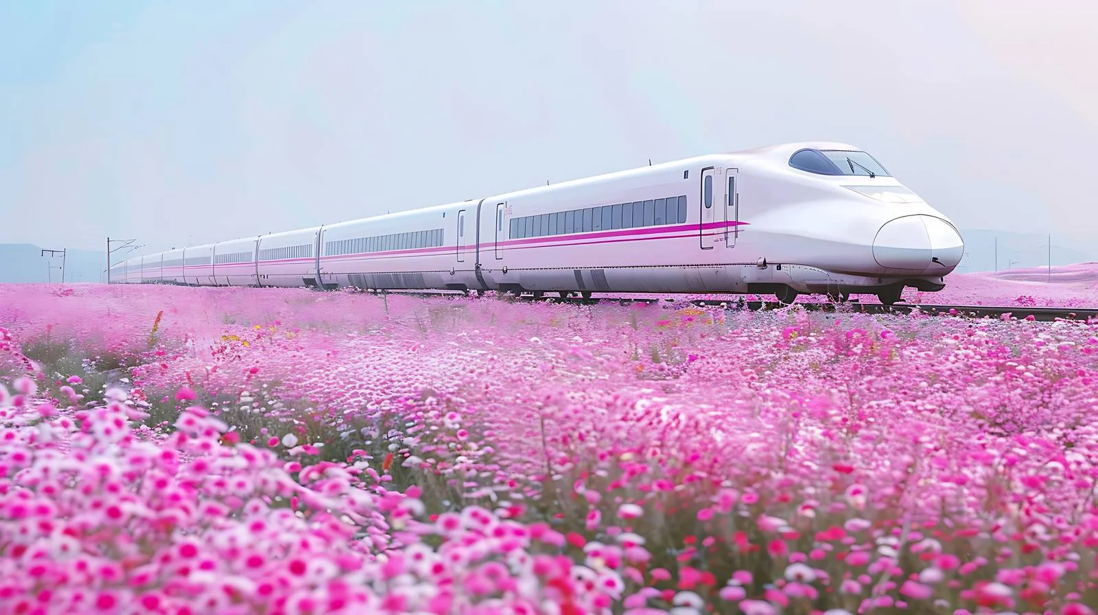 Scenic high-speed railway through floral landscape — free download from Dotvec