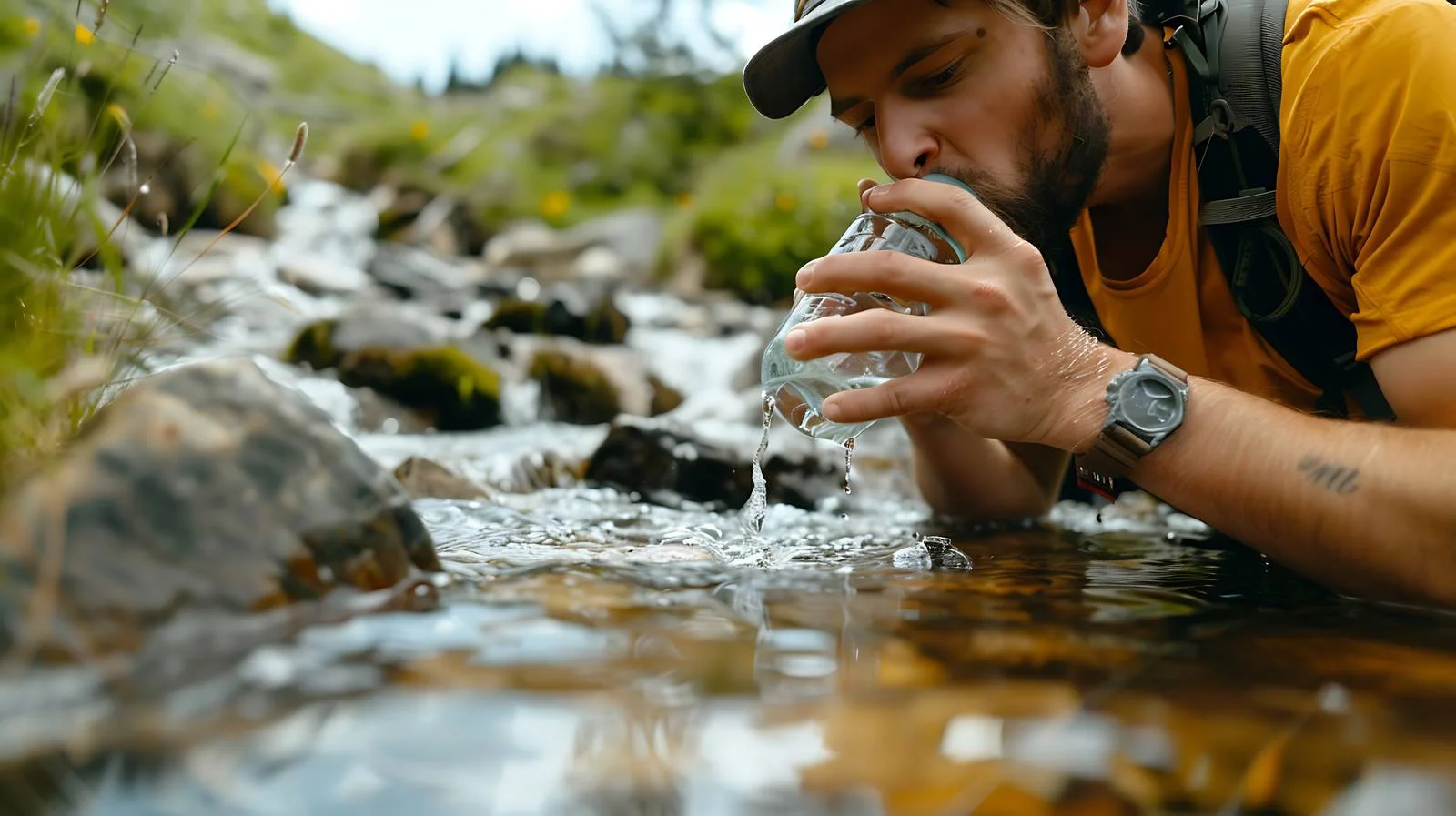Hiker Refreshes at Stream While Hiking — free download from Dotvec