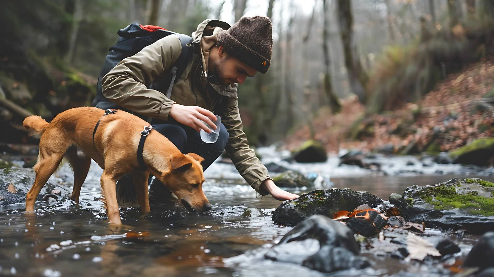 Nature Hiking with Dog by Stream — free download from Dotvec